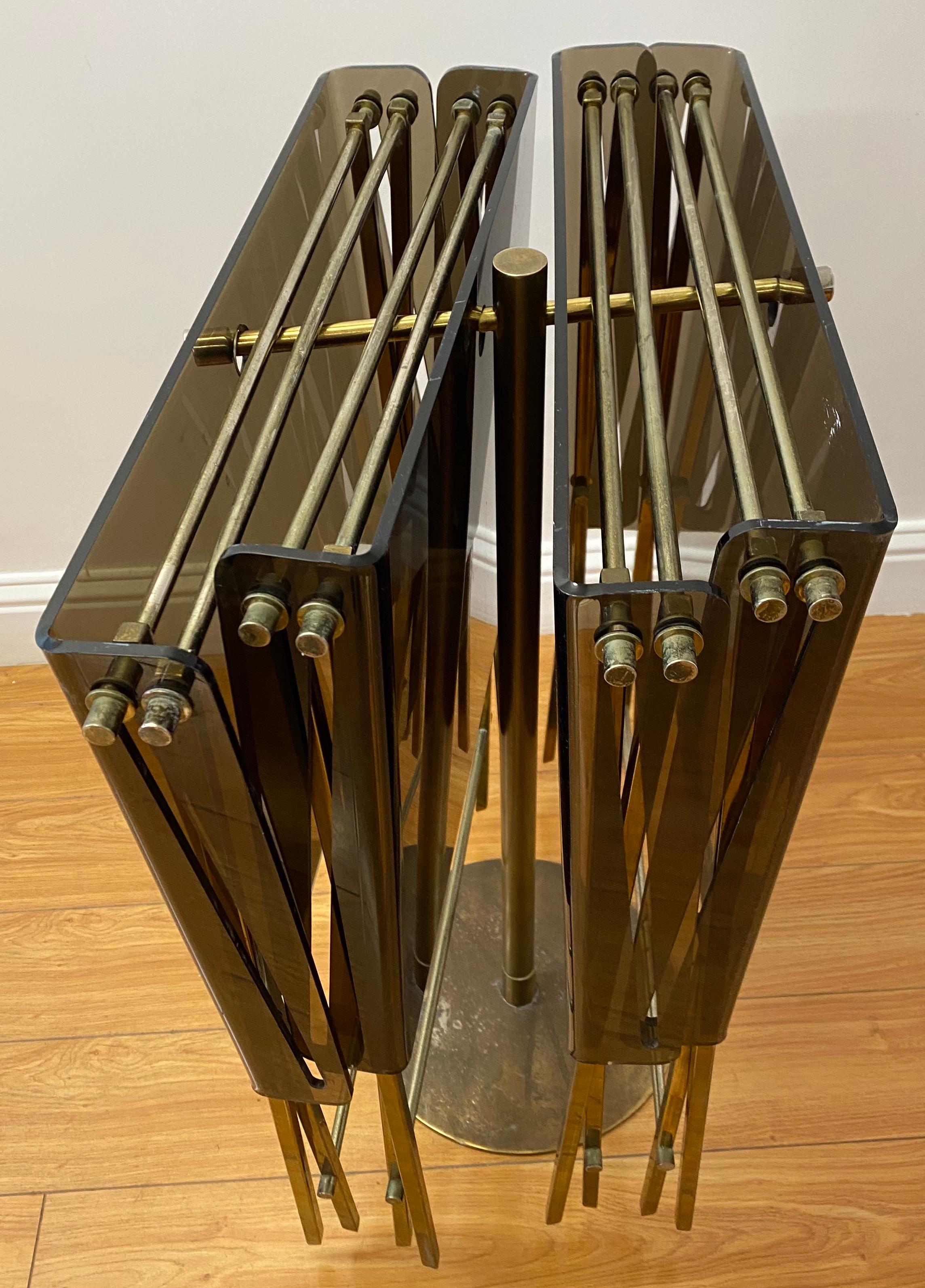 American Charles Hollis Jones Smokey Lucite & Brass Folding Trays with Stand, C.1960s