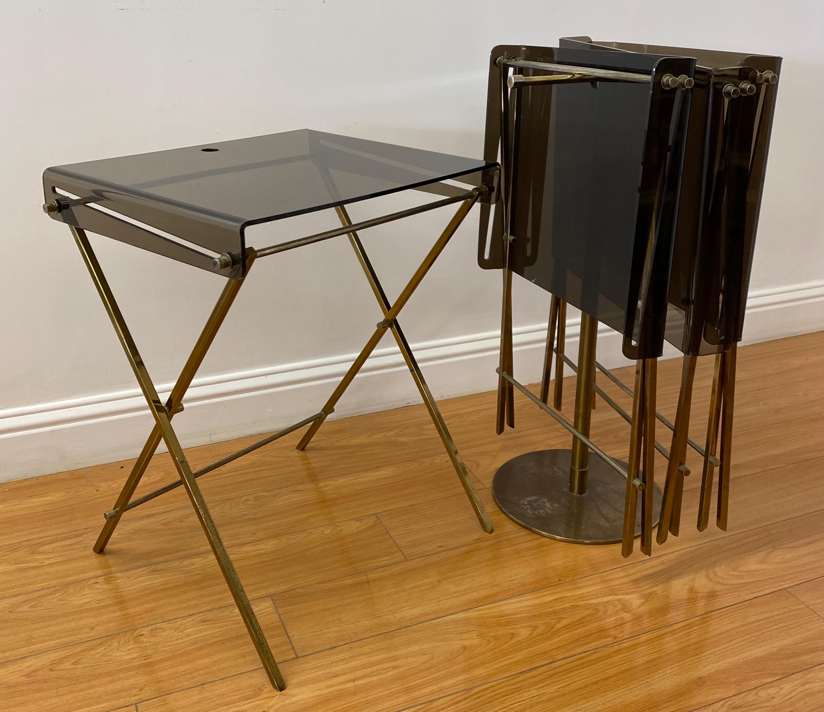 20th Century Charles Hollis Jones Smokey Lucite & Brass Folding Trays with Stand, C.1960s