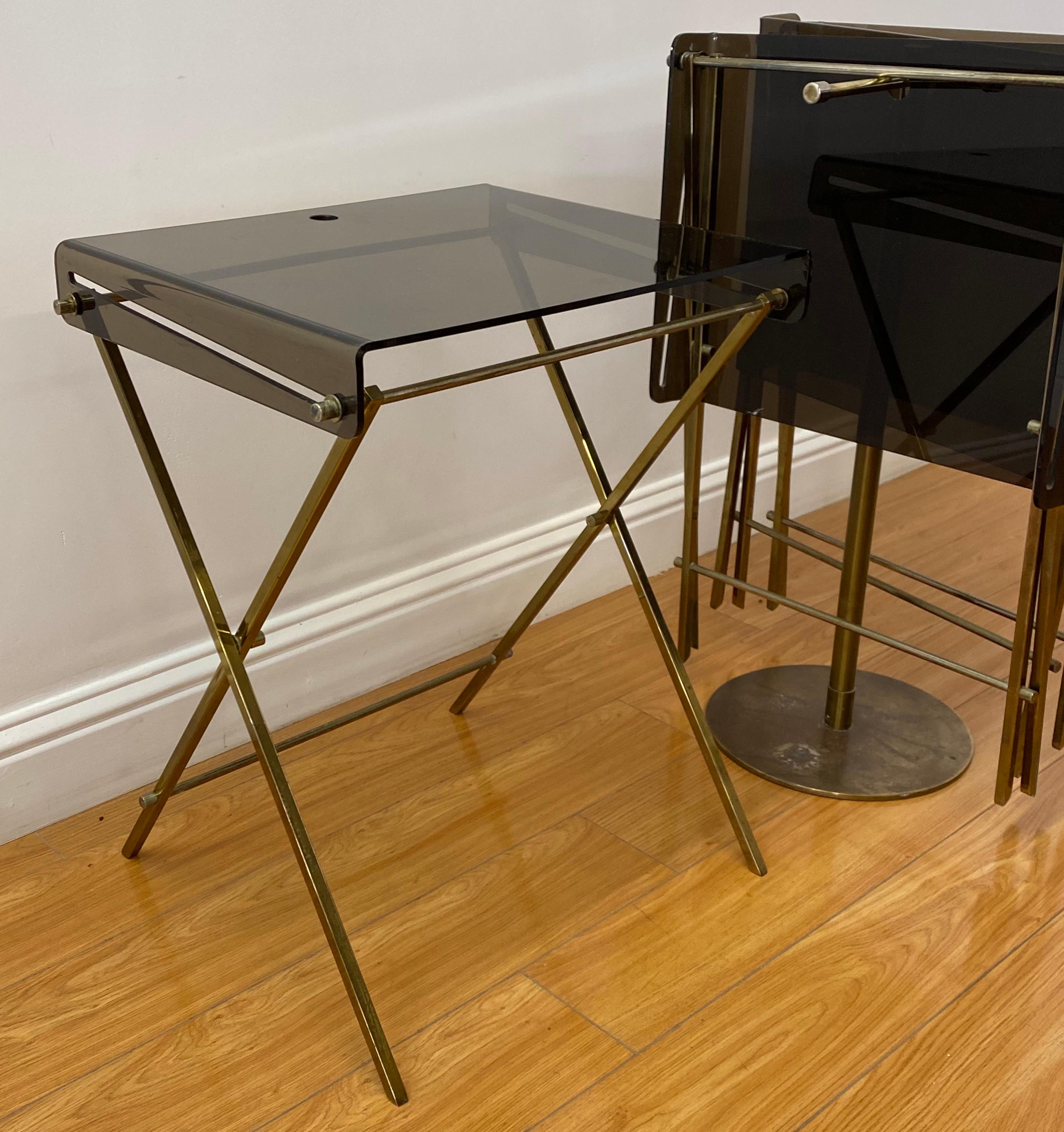 Charles Hollis Jones Smokey Lucite & Brass Folding Trays with Stand, C.1960s 1