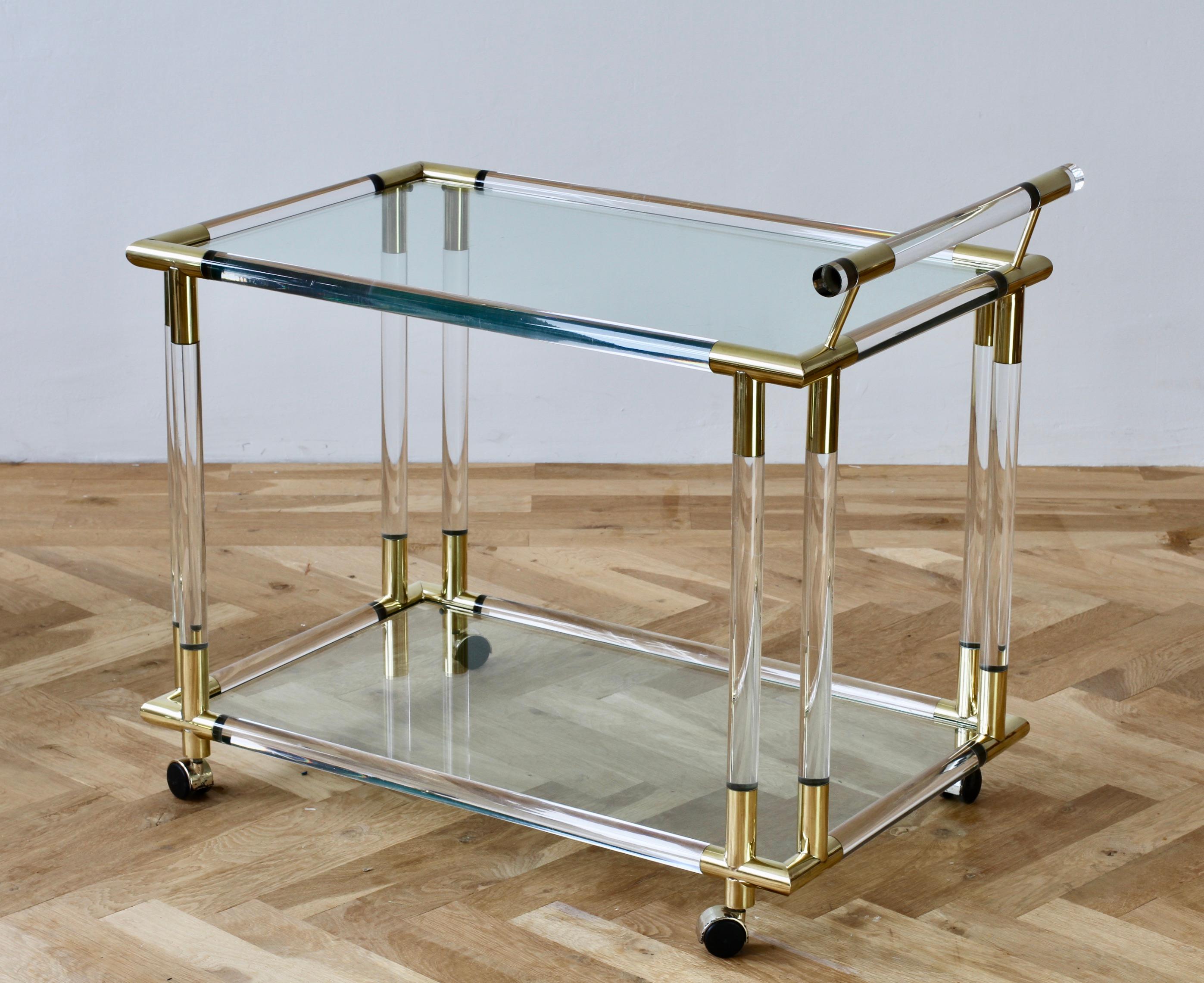 Charles Hollis Jones Style 1970s Lucite and Brass Bar Cart or Serving Trolley 3