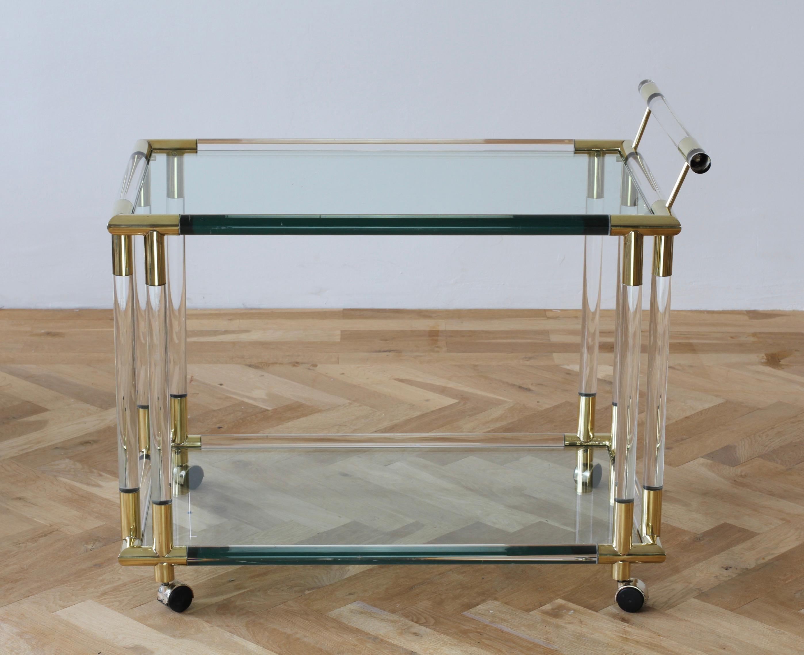 Charles Hollis Jones Style 1970s Lucite and Brass Bar Cart or Serving Trolley 4