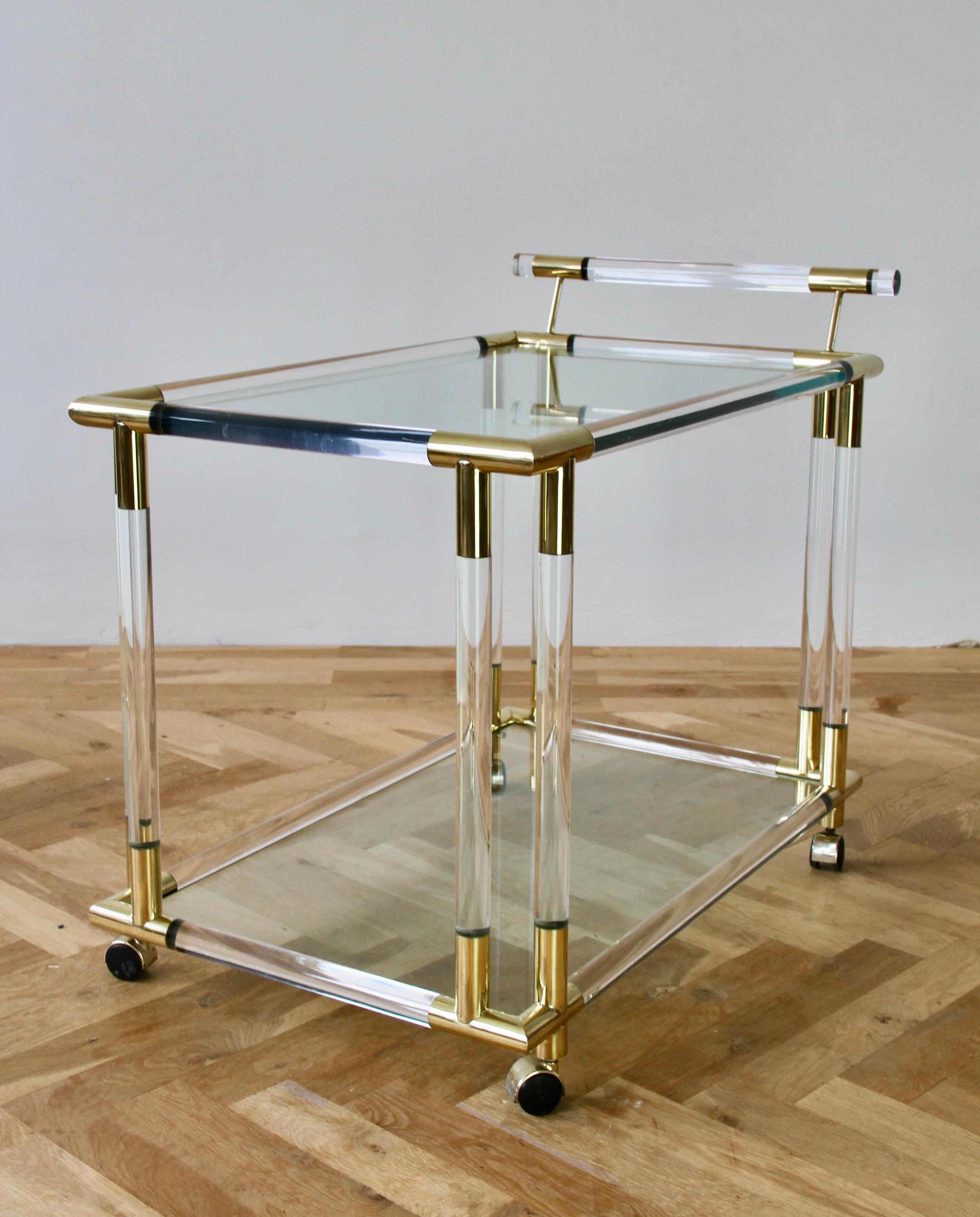 Charles Hollis Jones Style 1970s Lucite and Brass Bar Cart or Serving Trolley 5