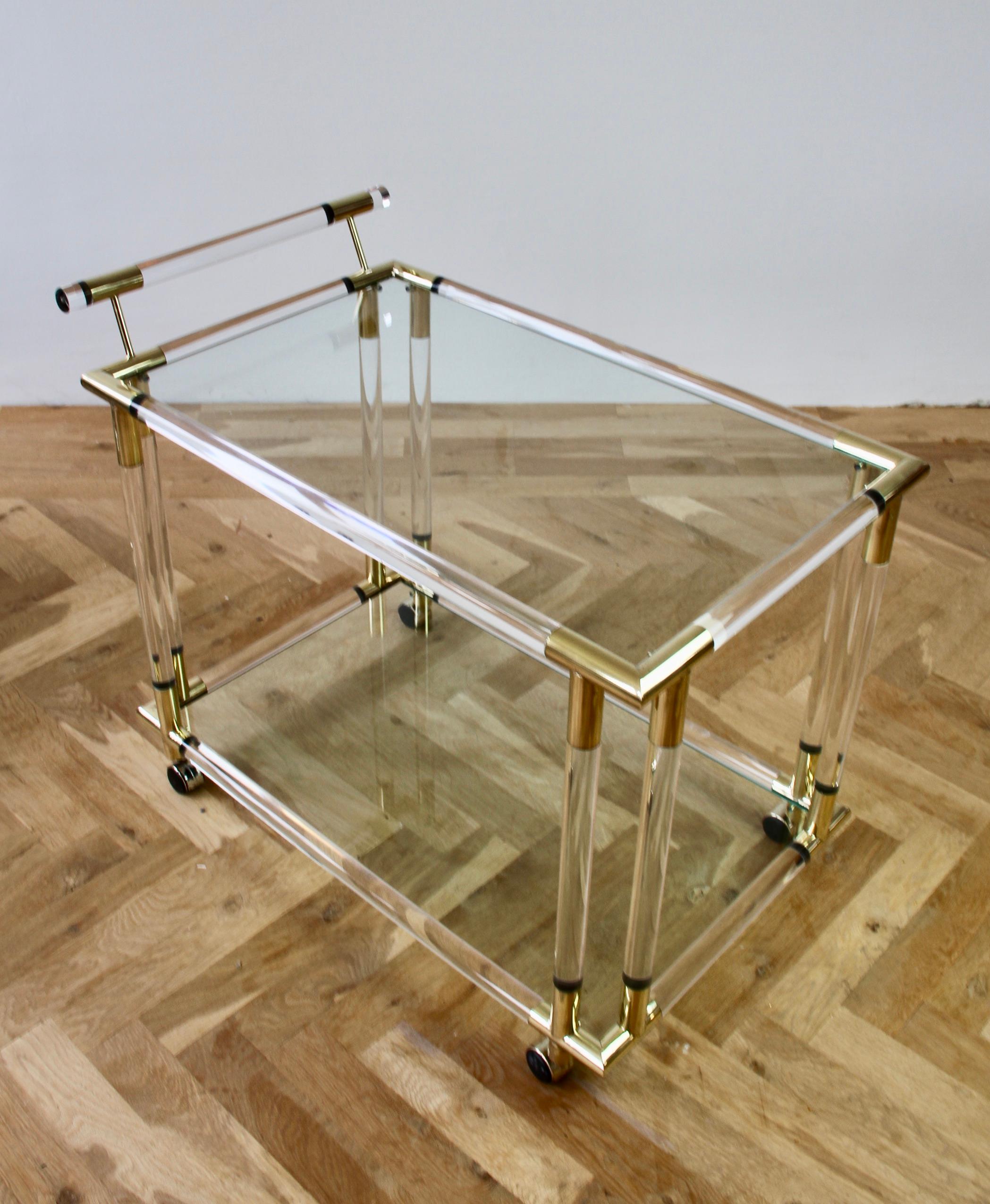 Charles Hollis Jones Style 1970s Lucite and Brass Bar Cart or Serving Trolley 6