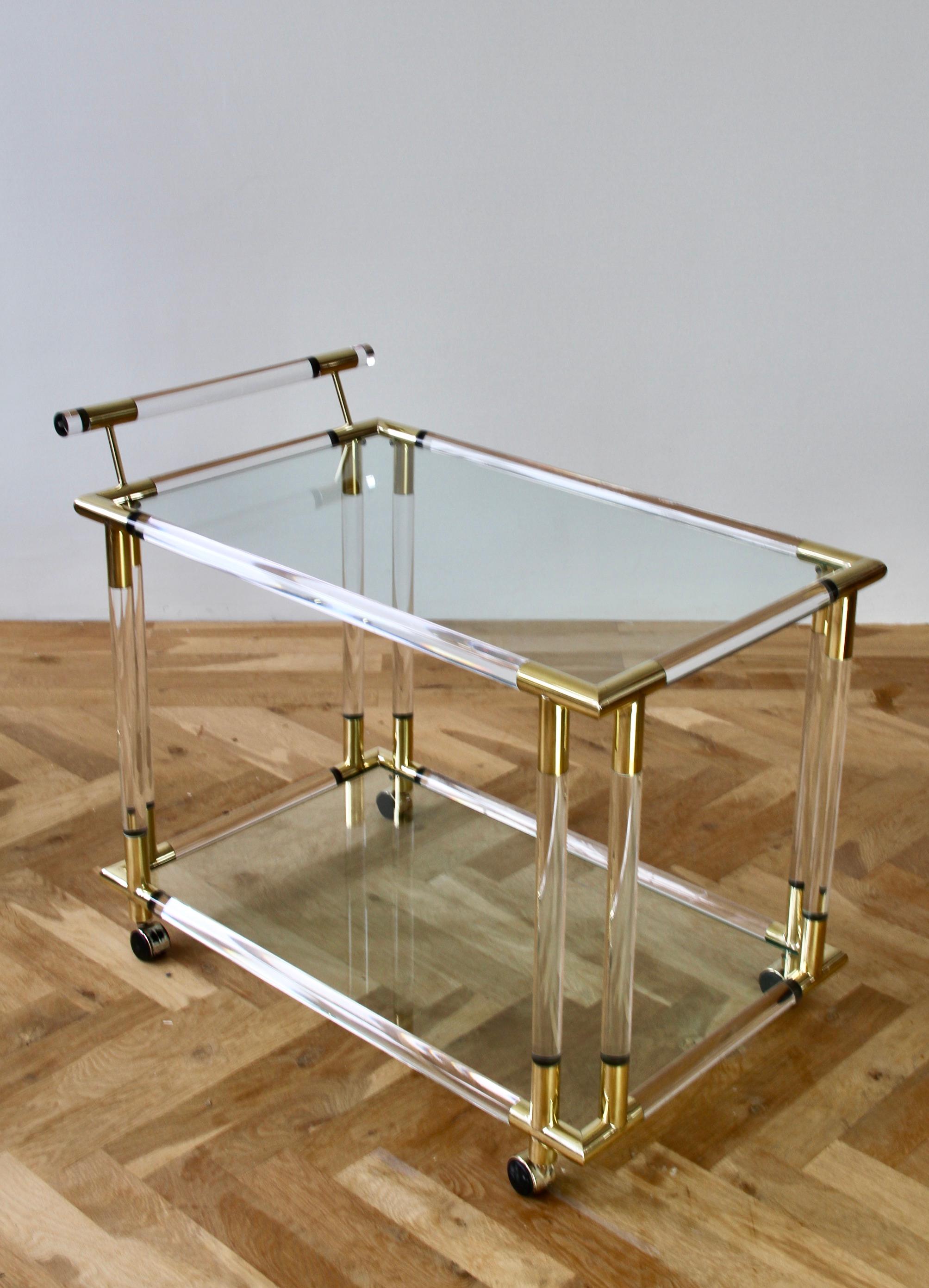 Charles Hollis Jones Style 1970s Lucite and Brass Bar Cart or Serving Trolley 7