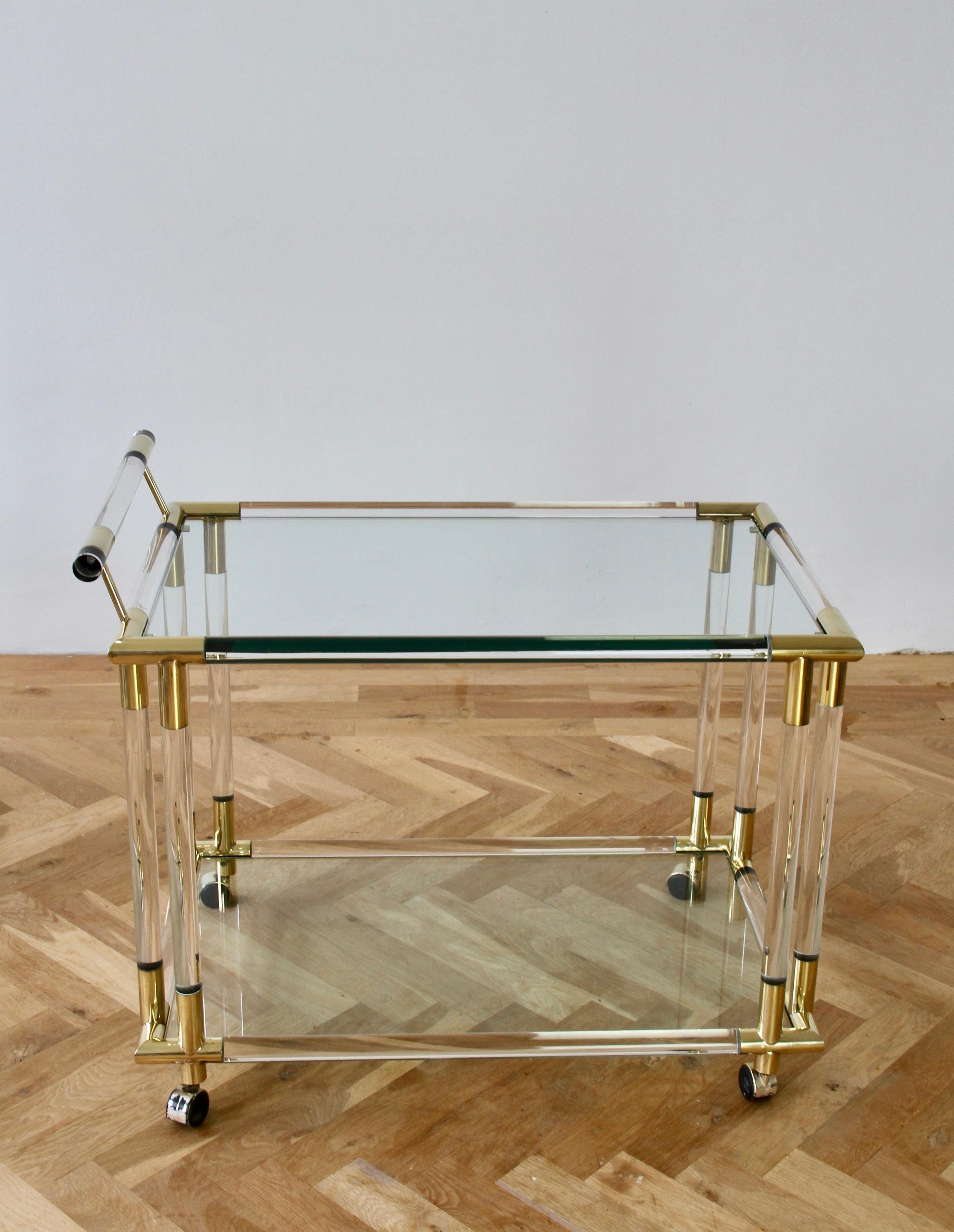Charles Hollis Jones Style 1970s Lucite and Brass Bar Cart or Serving Trolley 8