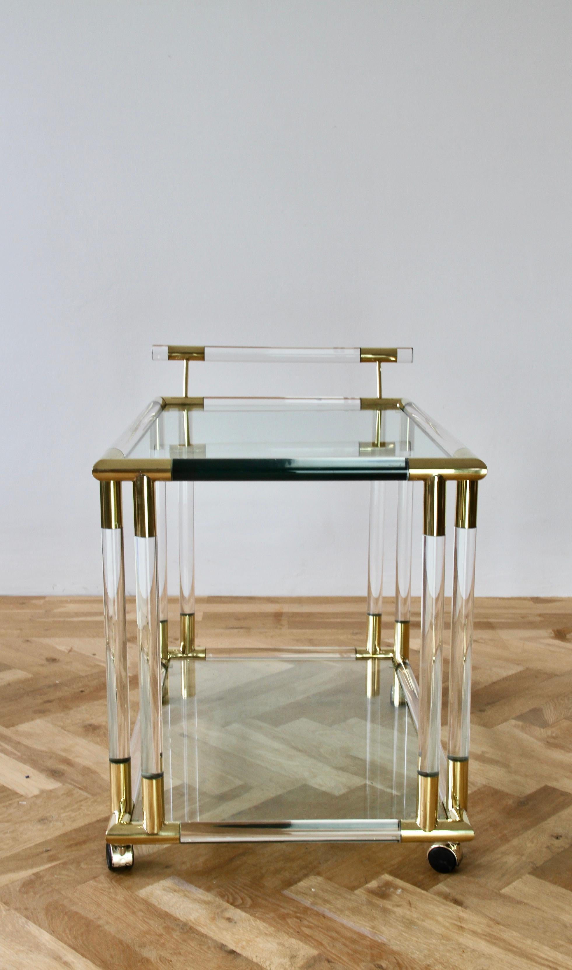 Charles Hollis Jones Style 1970s Lucite and Brass Bar Cart or Serving Trolley 9