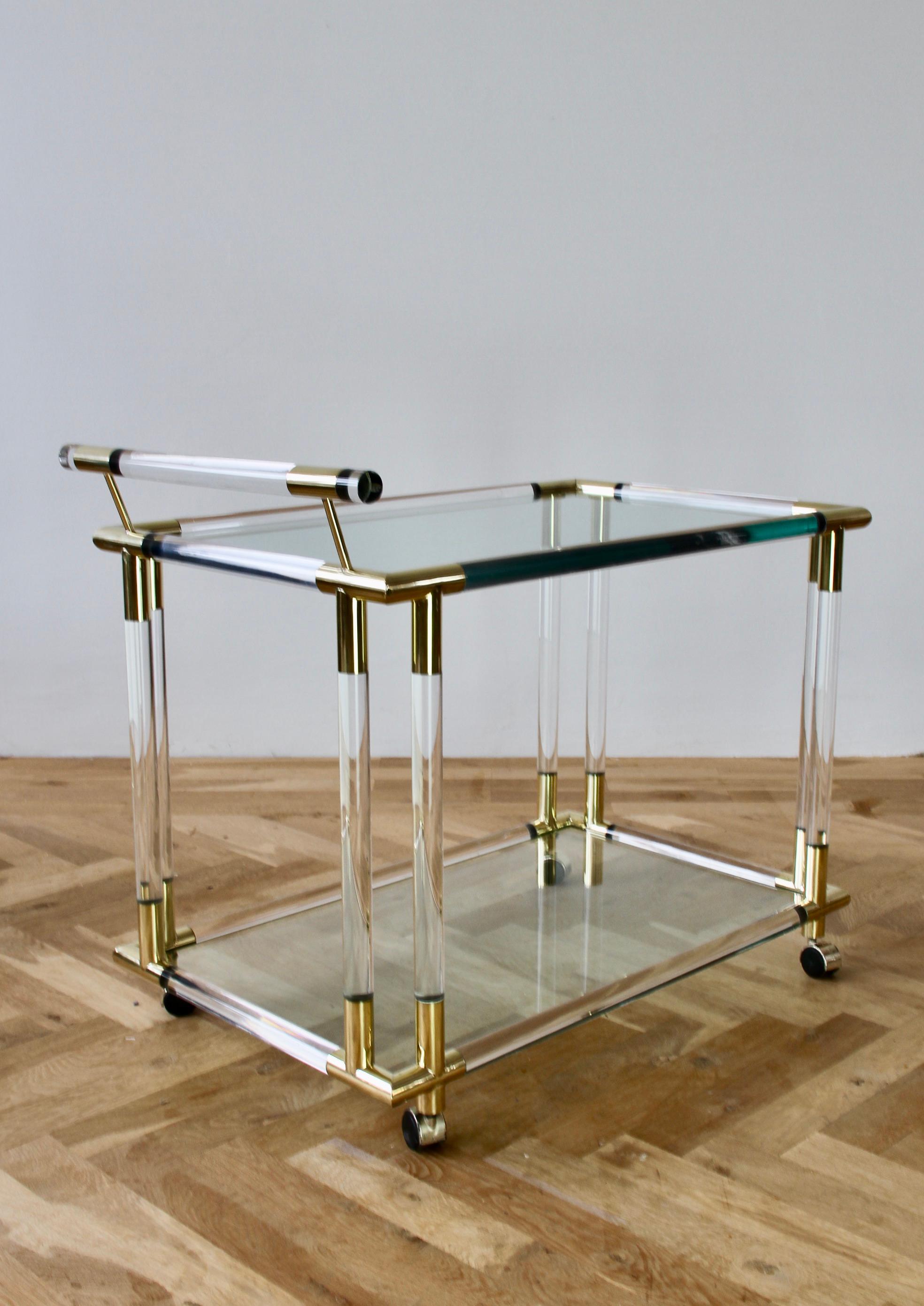 Charles Hollis Jones Style 1970s Lucite and Brass Bar Cart or Serving Trolley 10