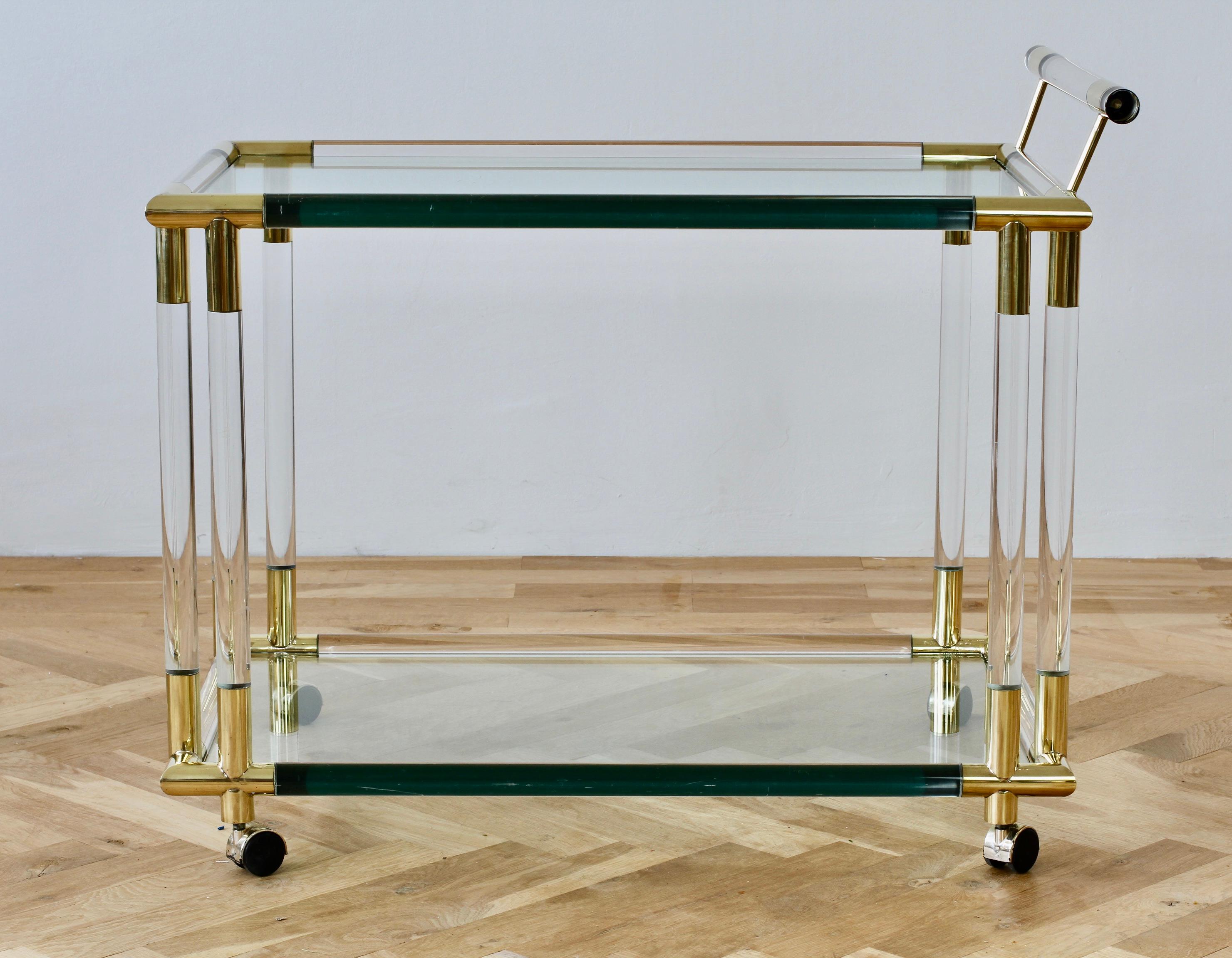 Large vintage 1970s Midcentury Italian Art Deco style double shelved bar cart, tea trolley or drinks stand on castors in the style of Charles Hollis Jones. This two-tiered serving trolley features solid round tubes of Lucite (Acrylic) with polished