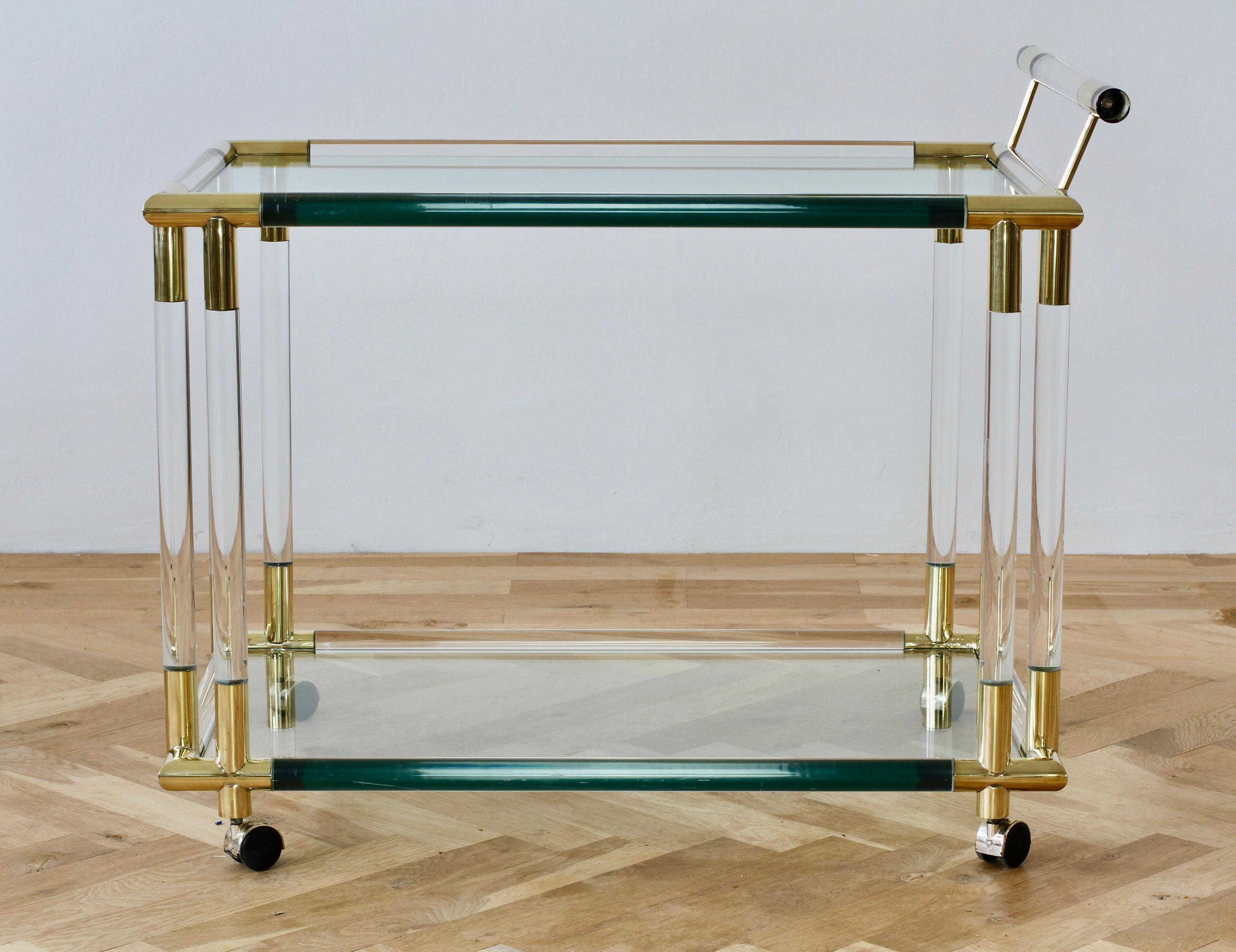 Mid-Century Modern Charles Hollis Jones Style 1970s Lucite and Brass Bar Cart or Serving Trolley