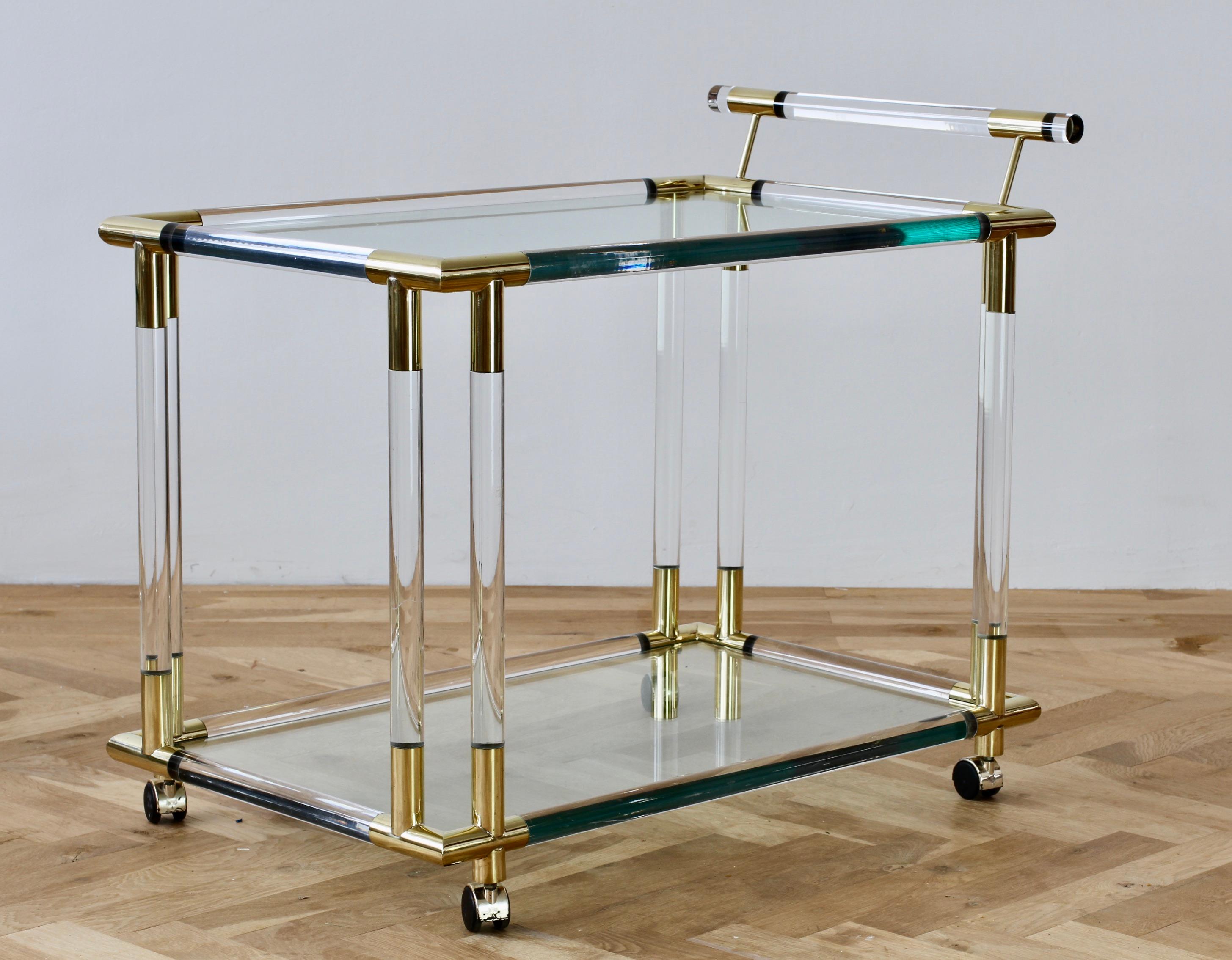 Italian Charles Hollis Jones Style 1970s Lucite and Brass Bar Cart or Serving Trolley