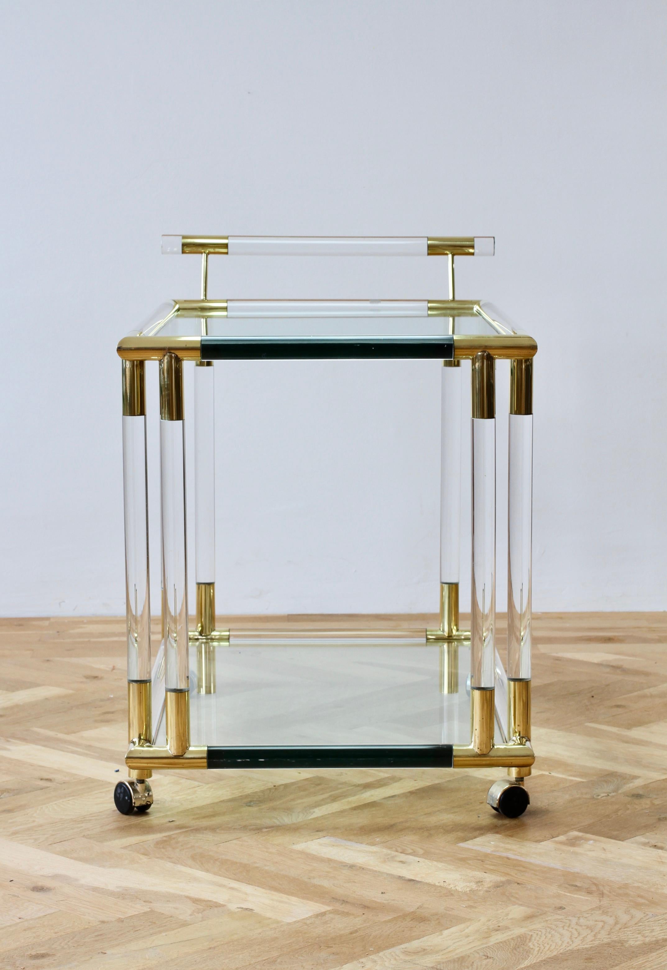 Polished Charles Hollis Jones Style 1970s Lucite and Brass Bar Cart or Serving Trolley