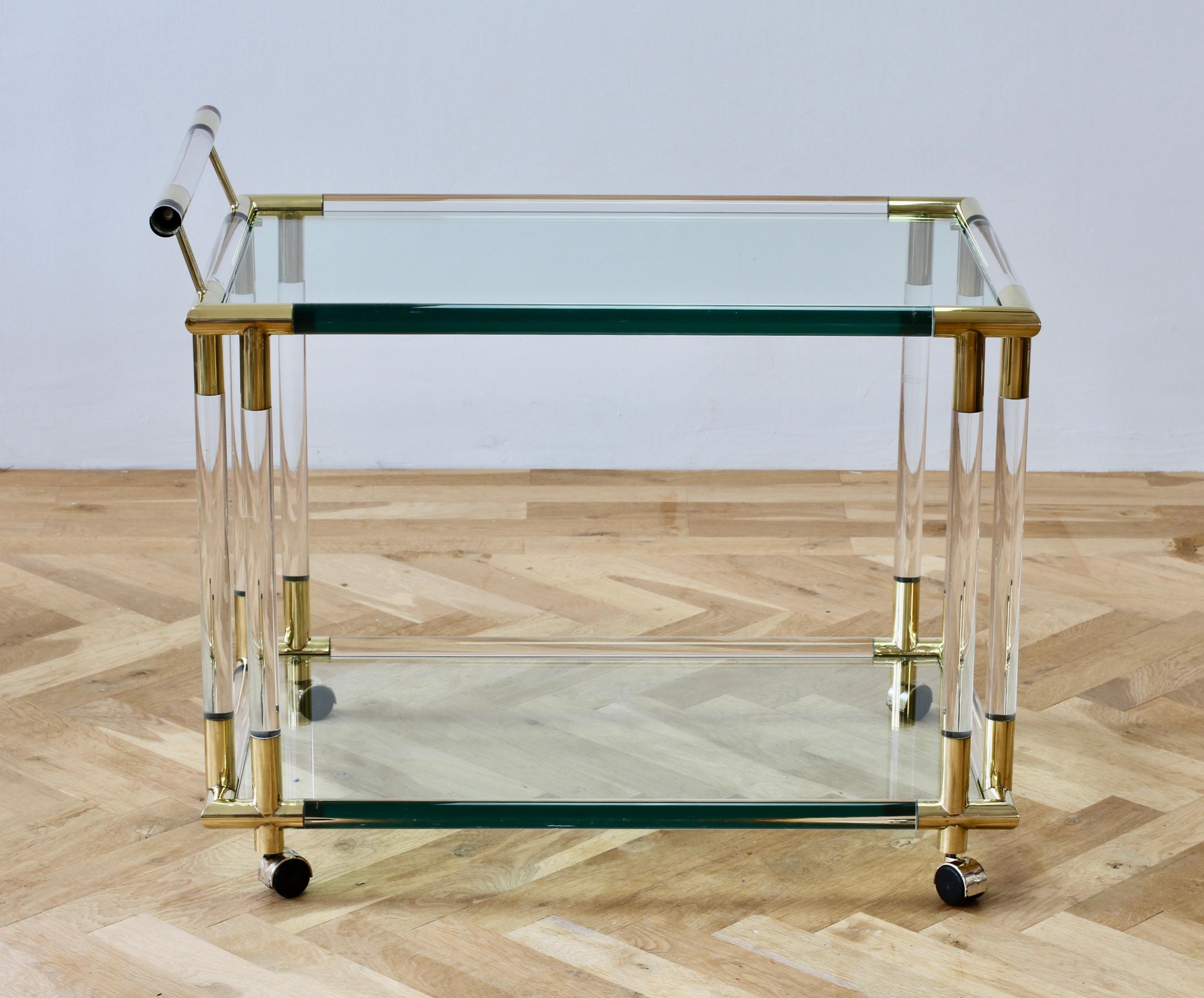 Late 20th Century Charles Hollis Jones Style 1970s Lucite and Brass Bar Cart or Serving Trolley