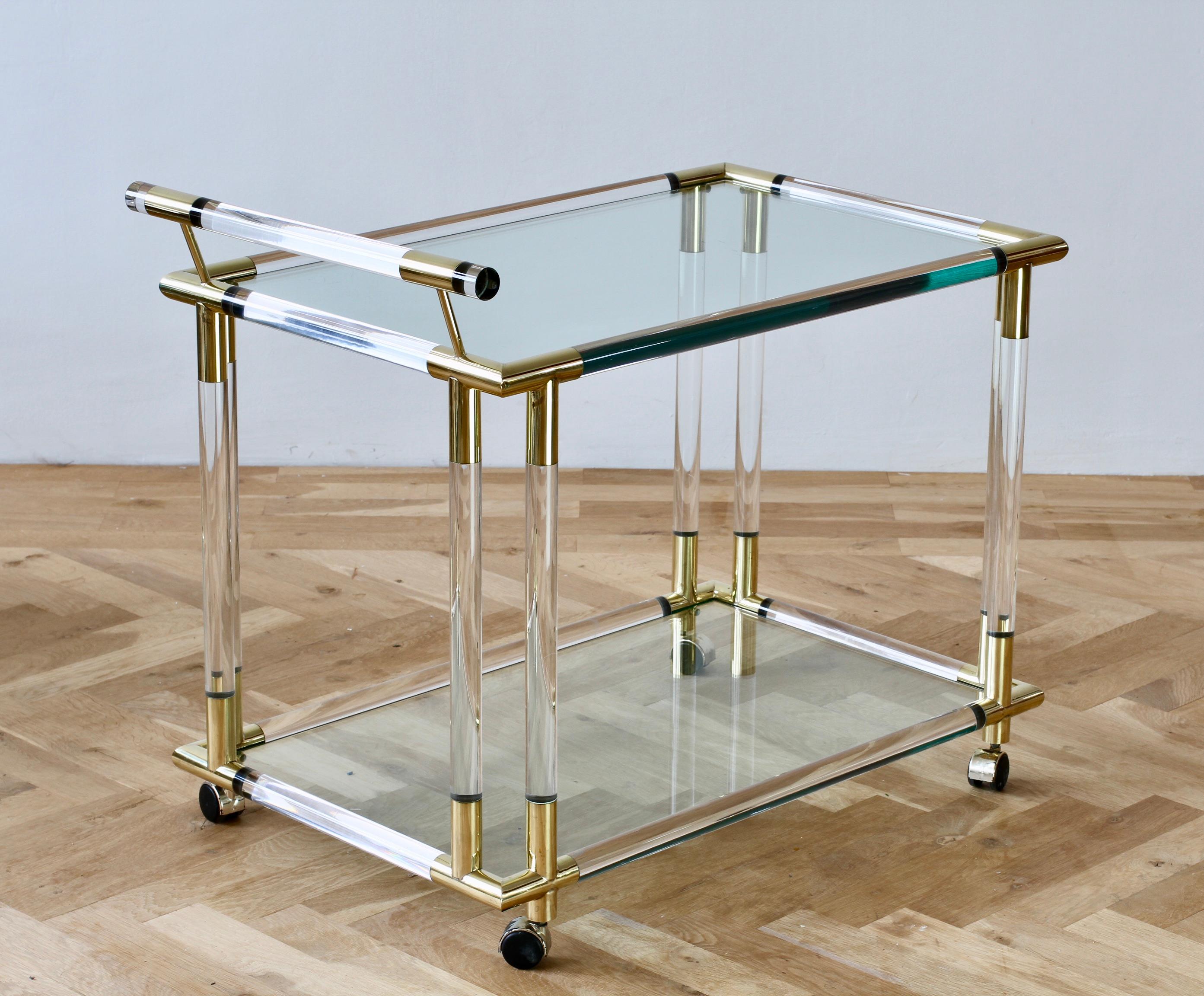 Charles Hollis Jones Style 1970s Lucite and Brass Bar Cart or Serving Trolley 1