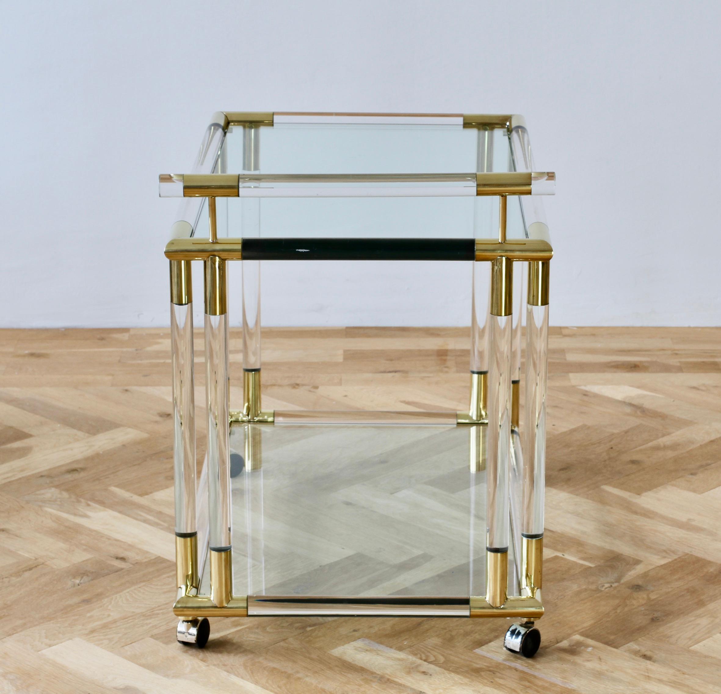 Charles Hollis Jones Style 1970s Lucite and Brass Bar Cart or Serving Trolley 2