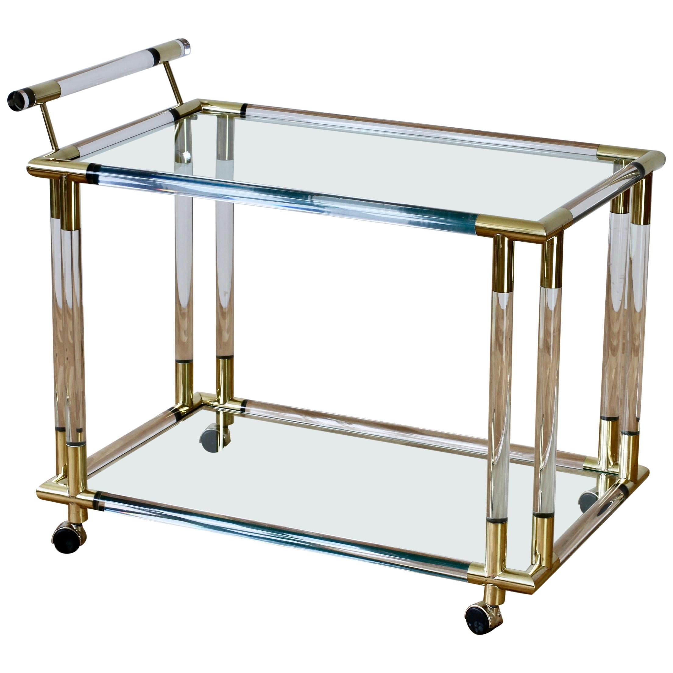 Charles Hollis Jones Style 1970s Lucite and Brass Bar Cart or Serving Trolley