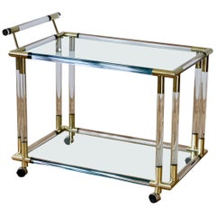 Vintage Charles Hollis Jones Style 1970s Lucite and Brass Bar Cart or Serving Trolley