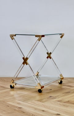 Charles Hollis Jones Style 1980s Lucite & Brass X Base Bar Cart Serving Trolley