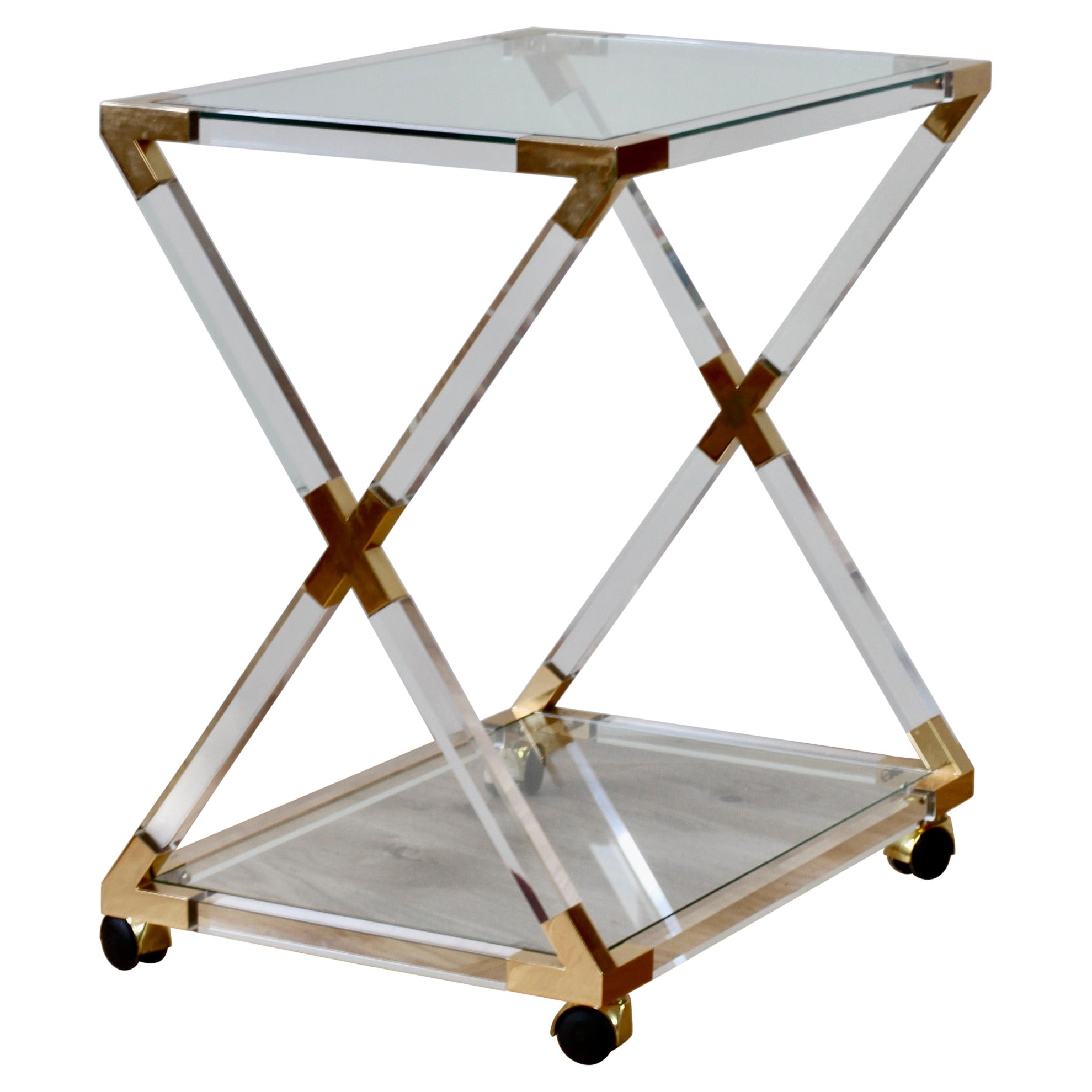 Charles Hollis Jones Style 1980s Lucite & Brass X Base Bar Cart Serving Trolley For Sale