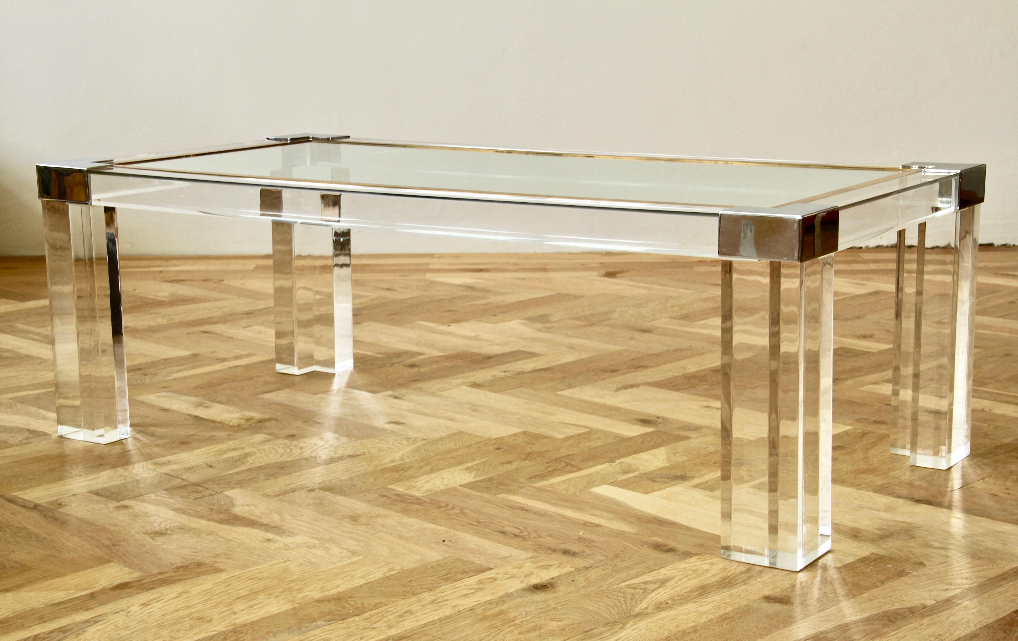 Late 20th Century Charles Hollis Jones Style Acrylic / Lucite Brass & Chrome Coffee Table c.1980s