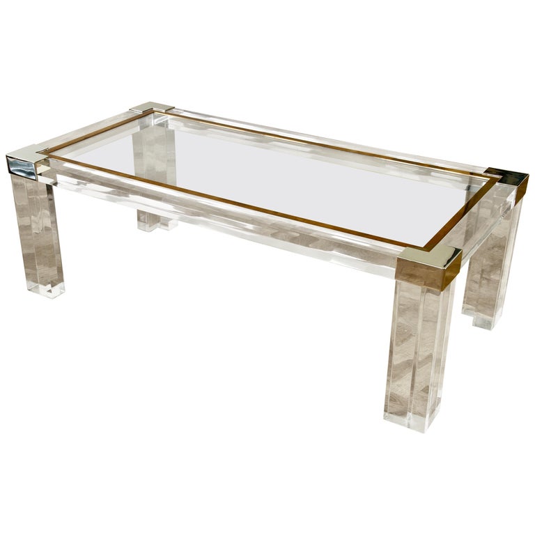 Table basse de style Charles Hollis Jones en acrylique, laiton, lucite