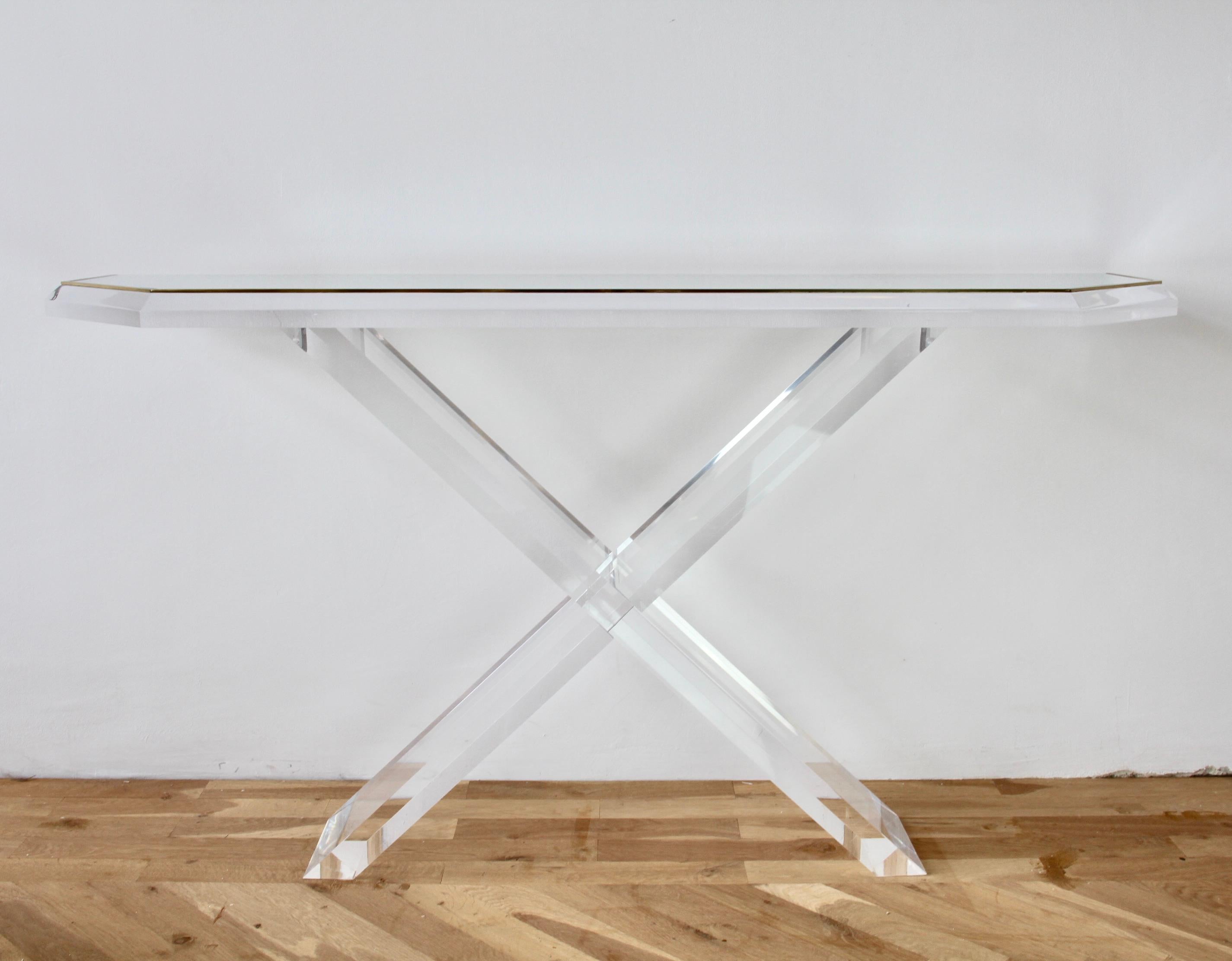 Charles Hollis Jones Style Acrylic / Lucite Brass and Glass Console Table For Sale 3