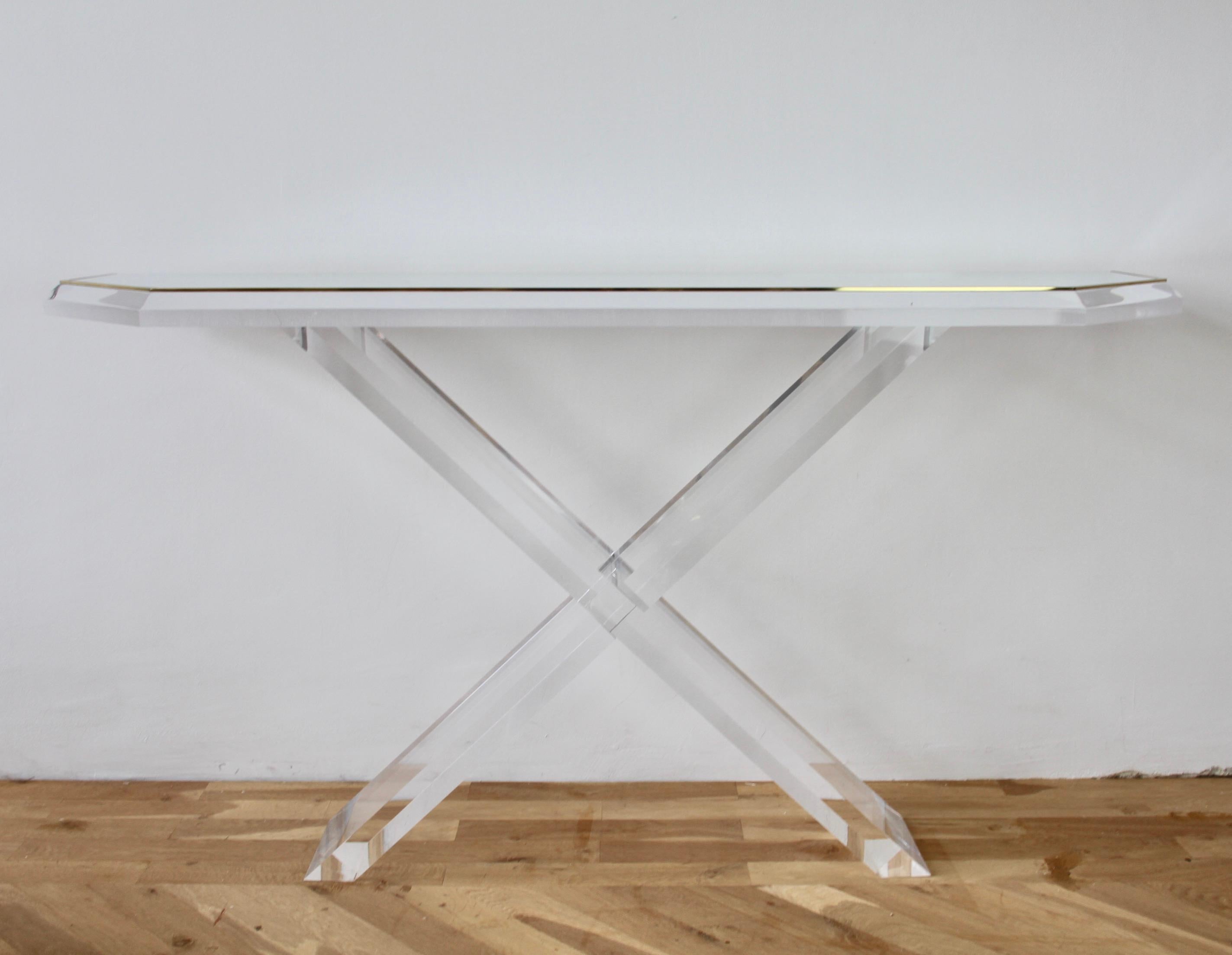 Charles Hollis Jones Style Acrylic / Lucite Brass and Glass Console Table For Sale 4