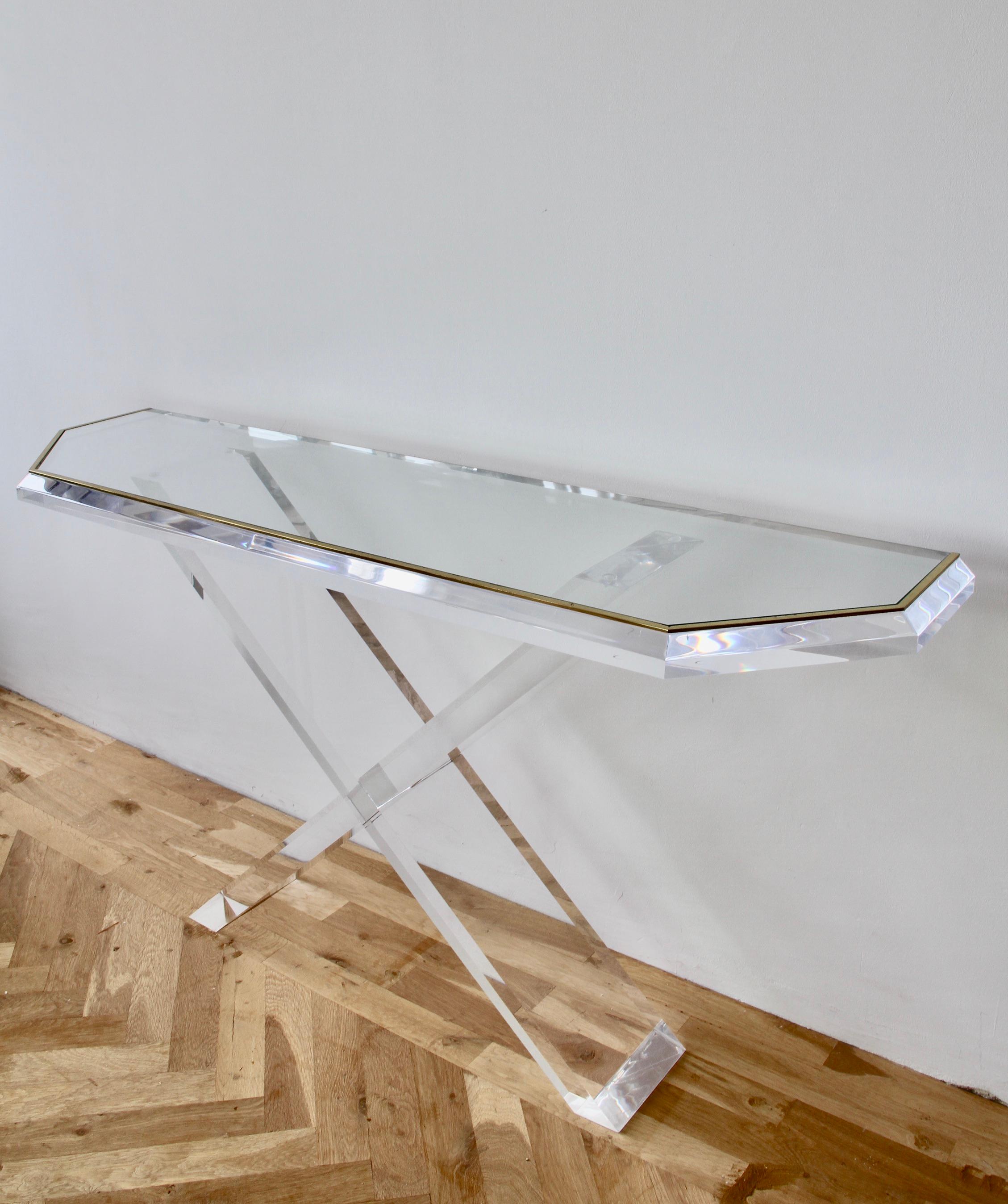 Charles Hollis Jones Style Acrylic / Lucite Brass and Glass Console Table For Sale 6