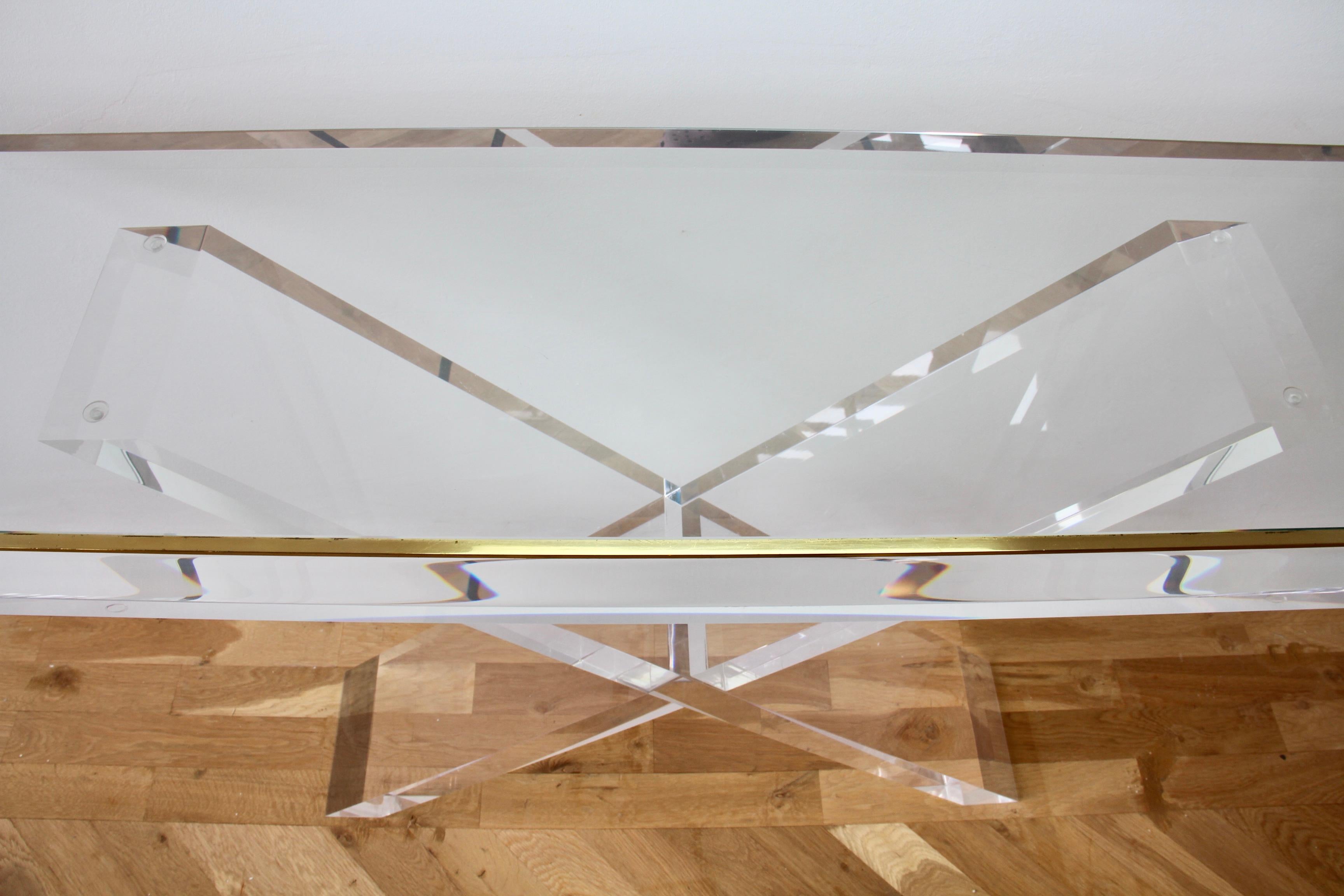 Charles Hollis Jones Style Acrylic / Lucite Brass and Glass Console Table For Sale 7