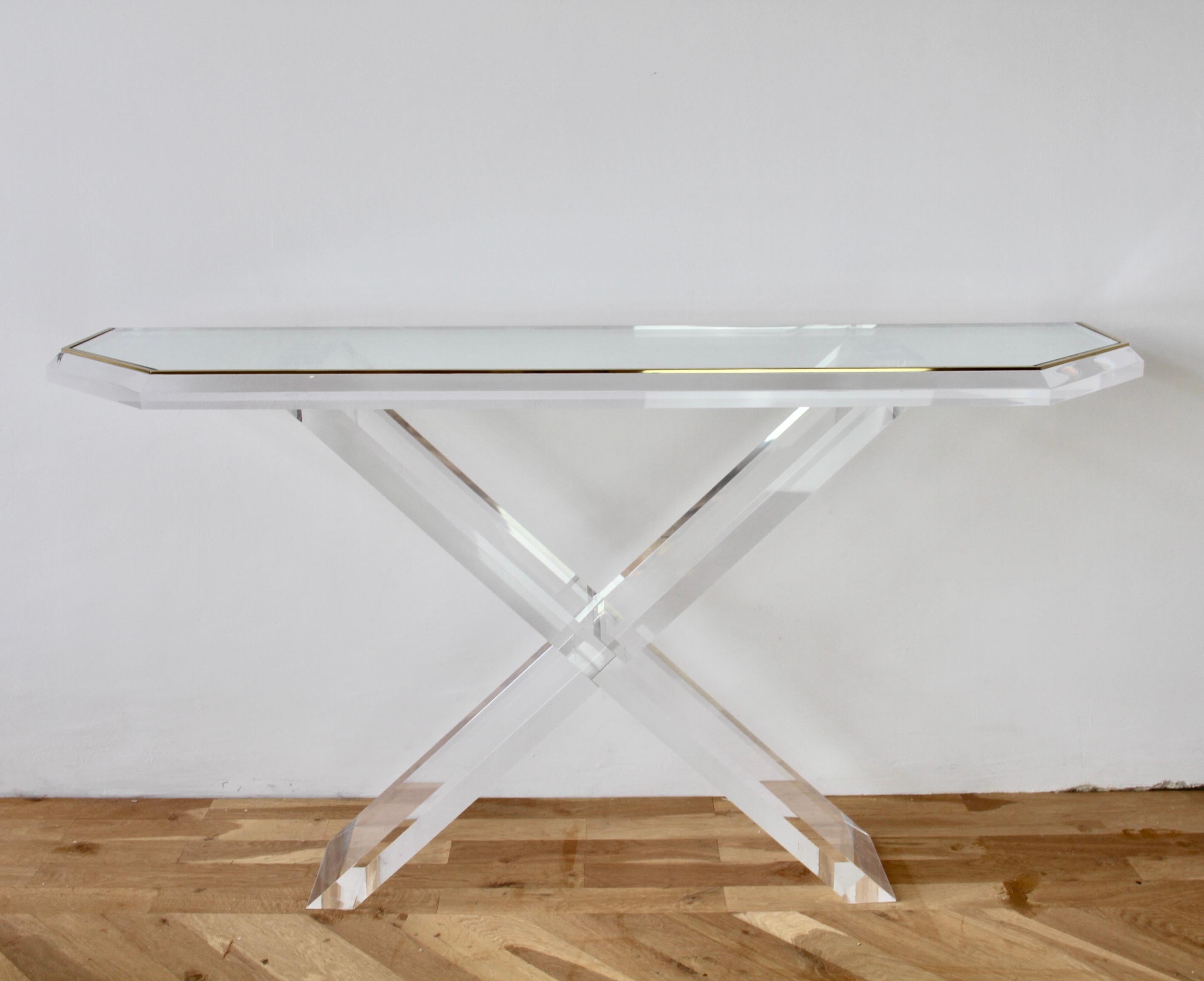 Hollywood Regency Charles Hollis Jones Style Acrylic / Lucite Brass and Glass Console Table For Sale