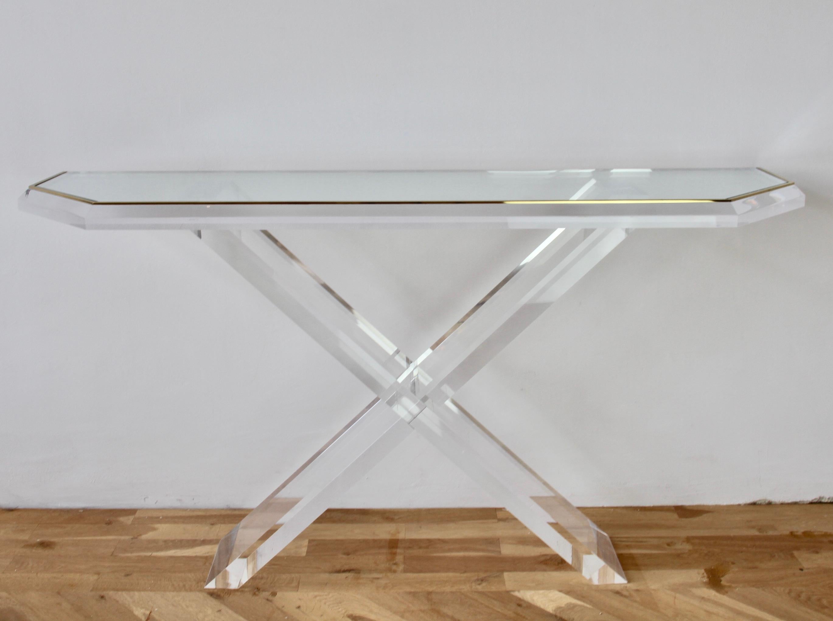 Italian Charles Hollis Jones Style Acrylic / Lucite Brass and Glass Console Table For Sale