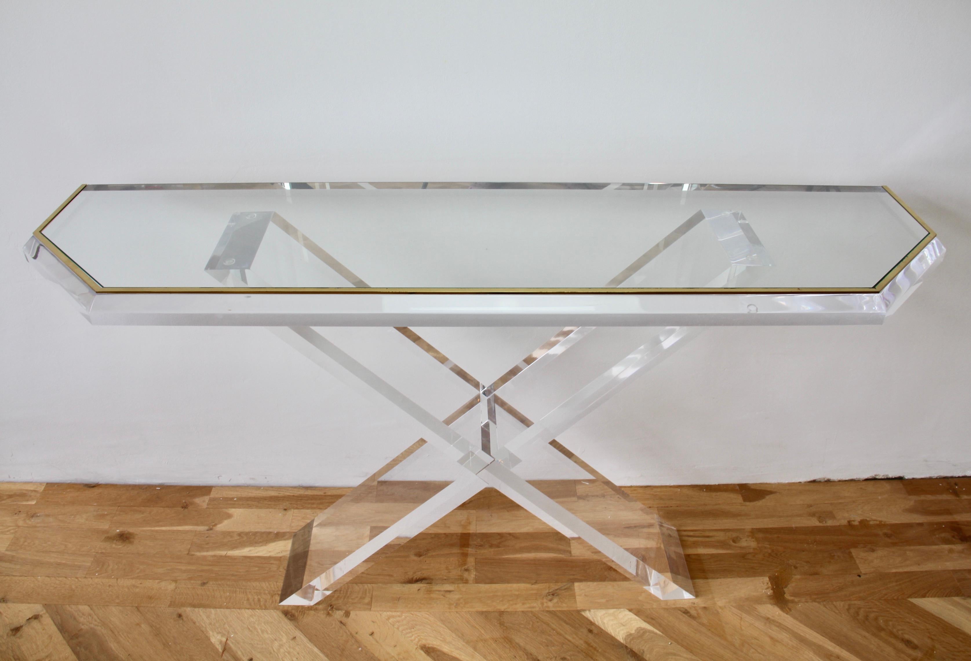 Polished Charles Hollis Jones Style Acrylic / Lucite Brass and Glass Console Table For Sale