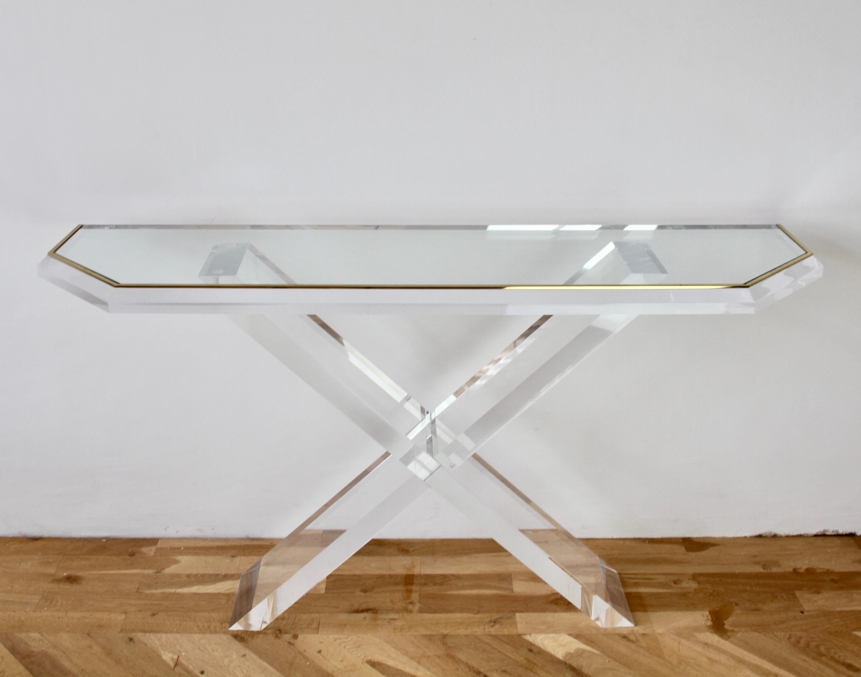 20th Century Charles Hollis Jones Style Acrylic / Lucite Brass and Glass Console Table For Sale