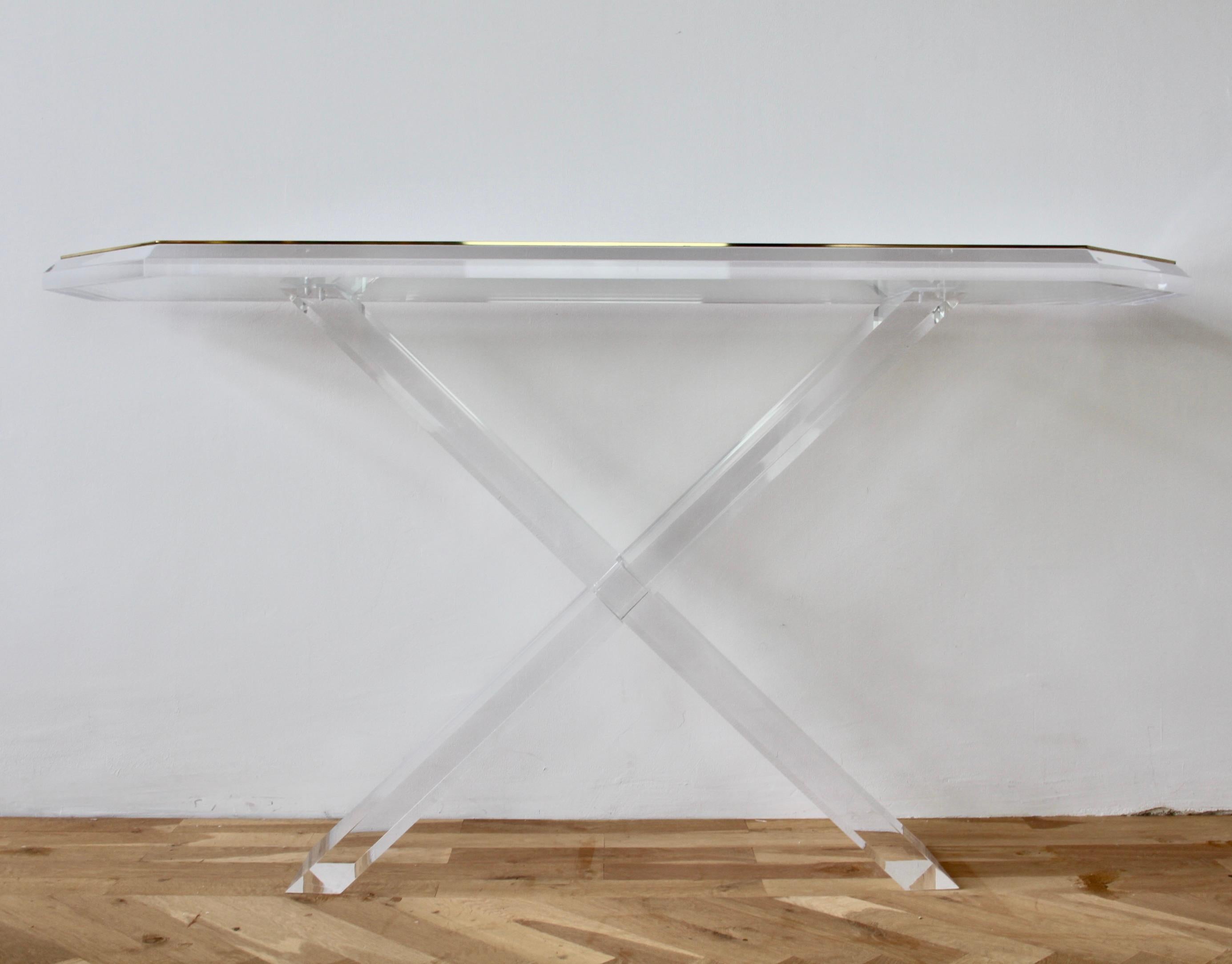 Charles Hollis Jones Style Acrylic / Lucite Brass and Glass Console Table For Sale 1