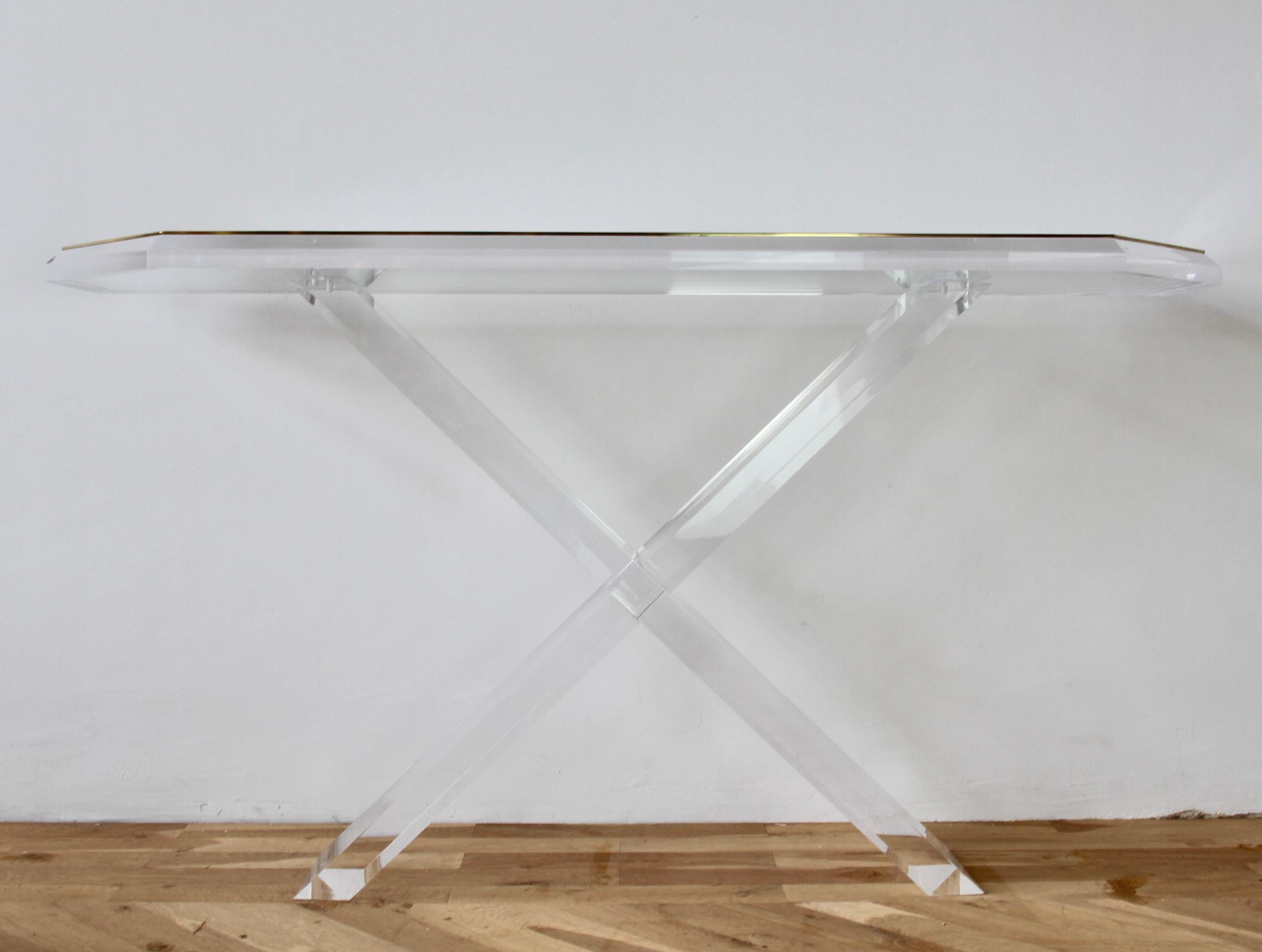 Charles Hollis Jones Style Acrylic / Lucite Brass and Glass Console Table For Sale 2