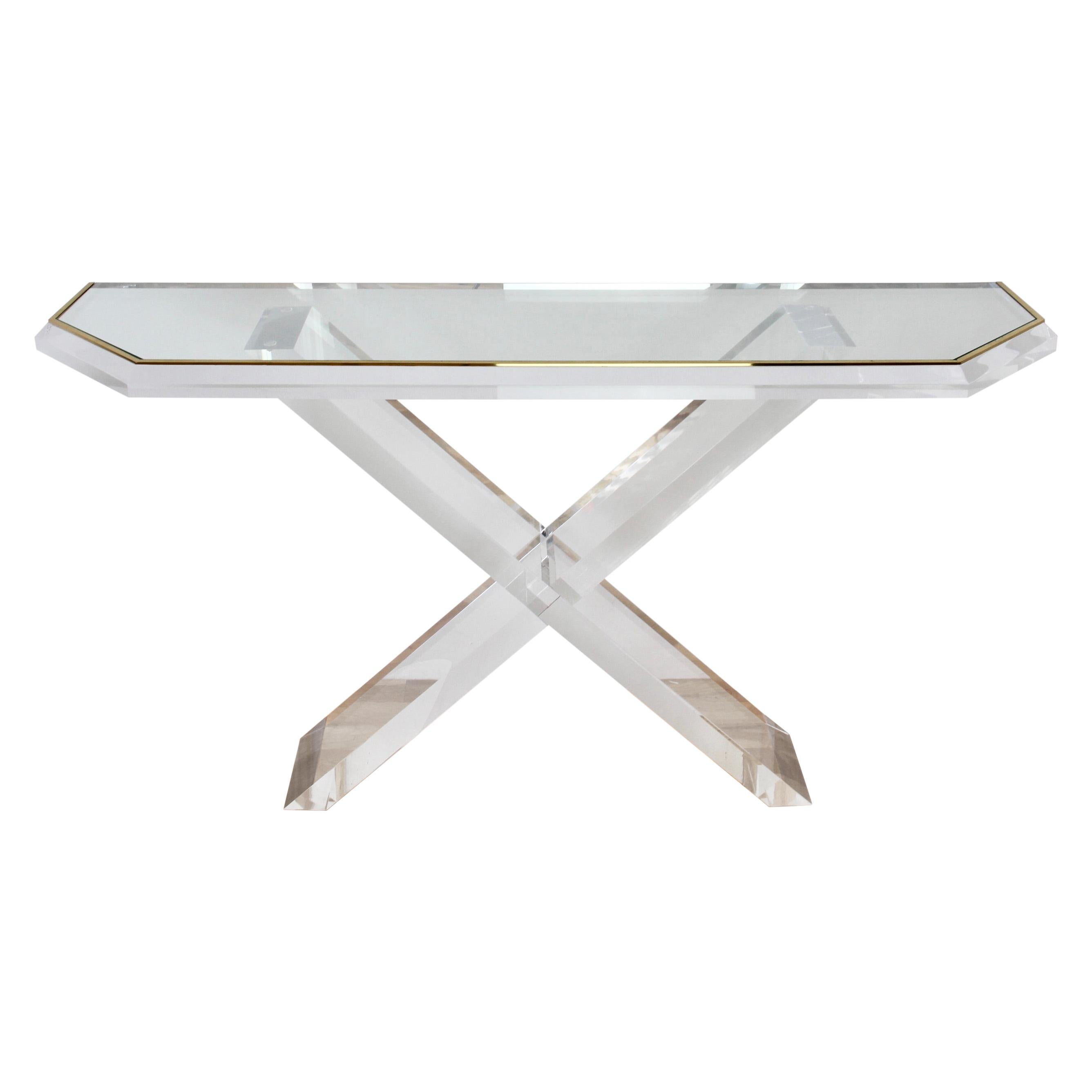 Table console en acrylique / lucite:: laiton et verre de style Charles Hollis Jones