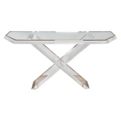 Charles Hollis Jones Style Acrylic / Lucite Brass and Glass Console Table