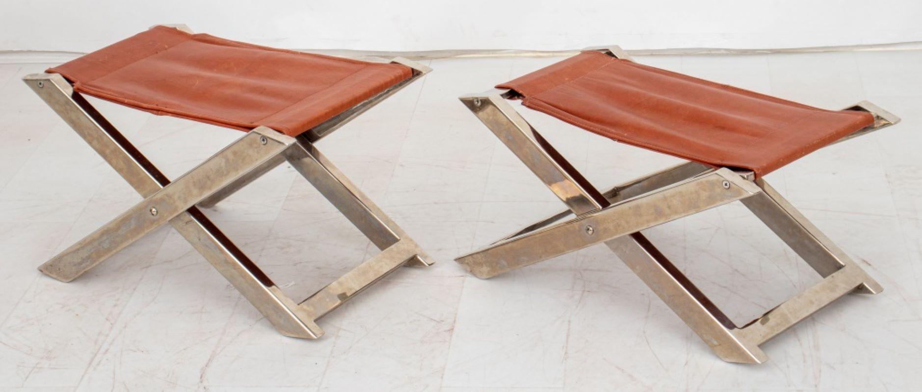 Pair of Charles Hollis Jones (American, b. 1945) manner chrome folding stools with cognac leather seats. 14