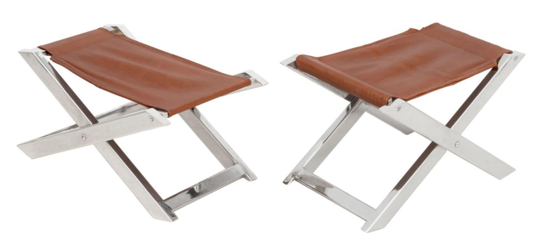 Pair of Charles Hollis Jones Style Chrome Folding Stools, with cognac leather covered seats. 14