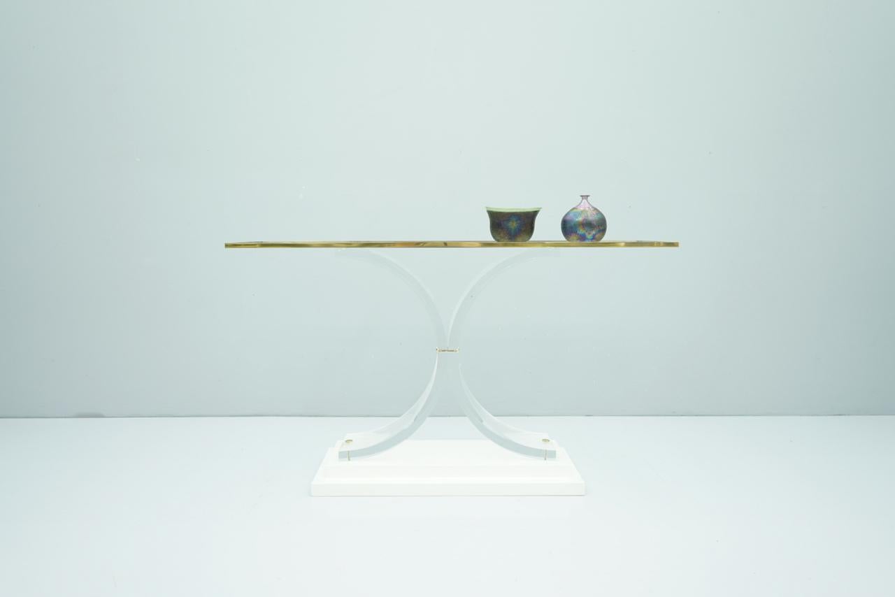 Charles Hollis Jones Style Lucite Brass and Glass Console Table, 1970s For Sale 4