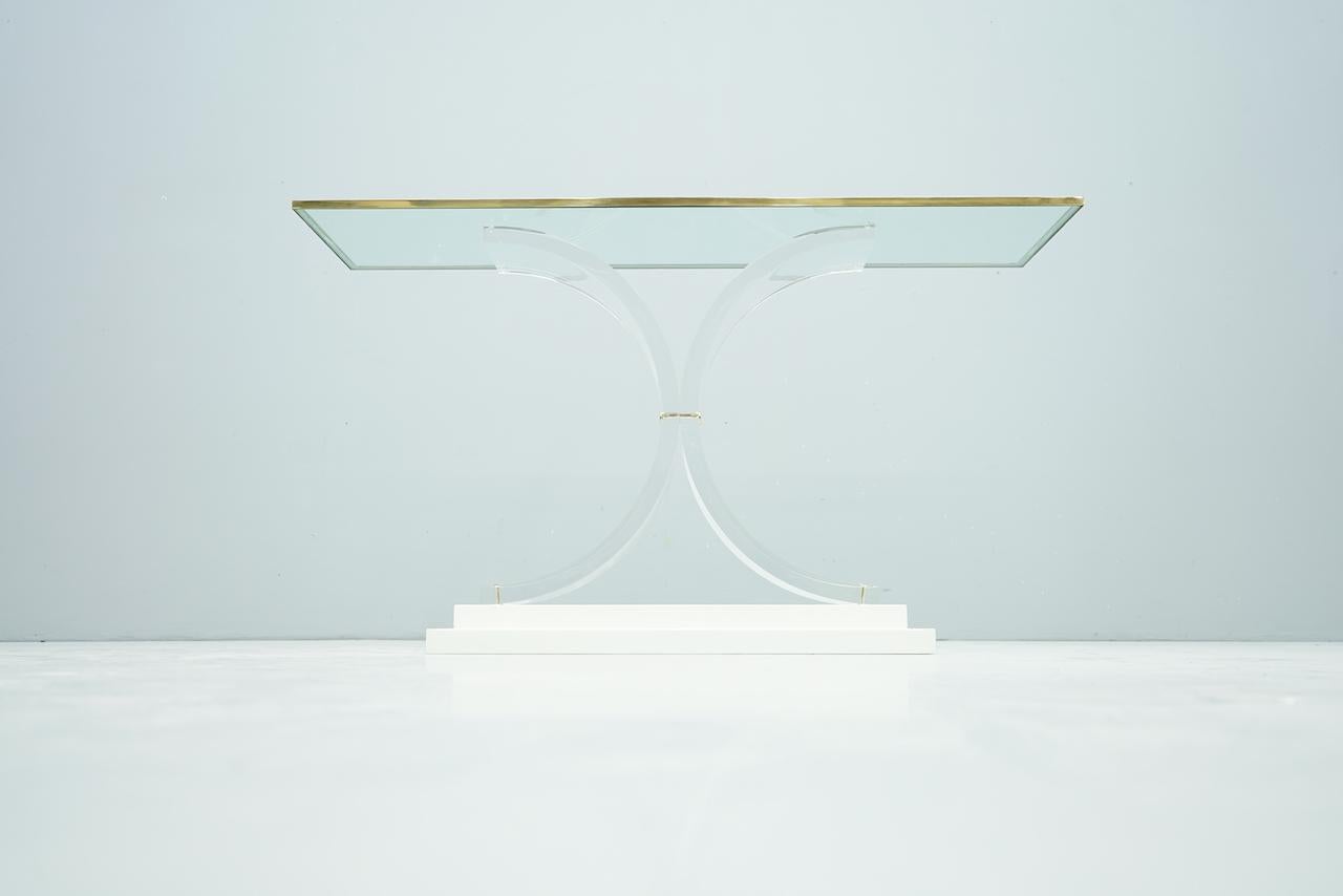 Hollywood Regency Charles Hollis Jones Style Lucite Brass and Glass Console Table, 1970s For Sale