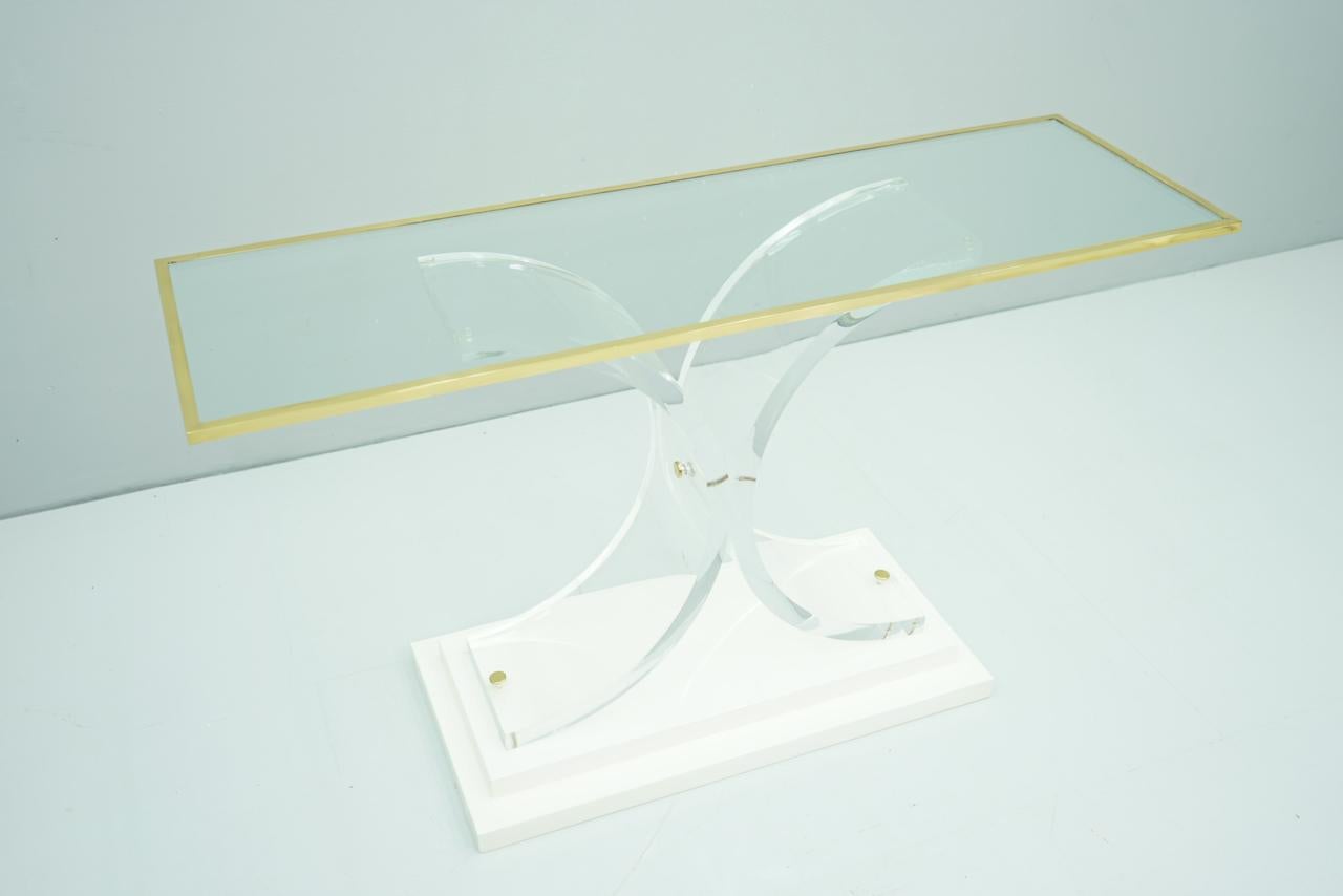 French Charles Hollis Jones Style Lucite Brass and Glass Console Table, 1970s For Sale