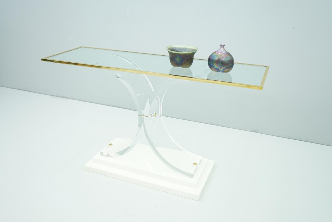 Charles Hollis Jones Style Lucite Brass and Glass Console Table, 1970s For Sale 3