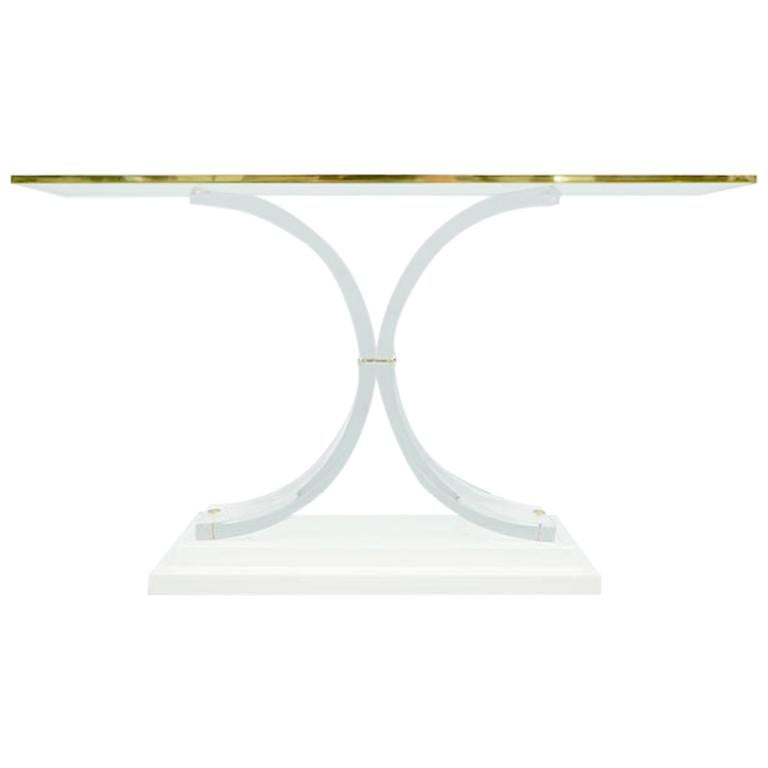 Charles Hollis Jones Style Lucite Brass and Glass Console Table, 1970s For Sale