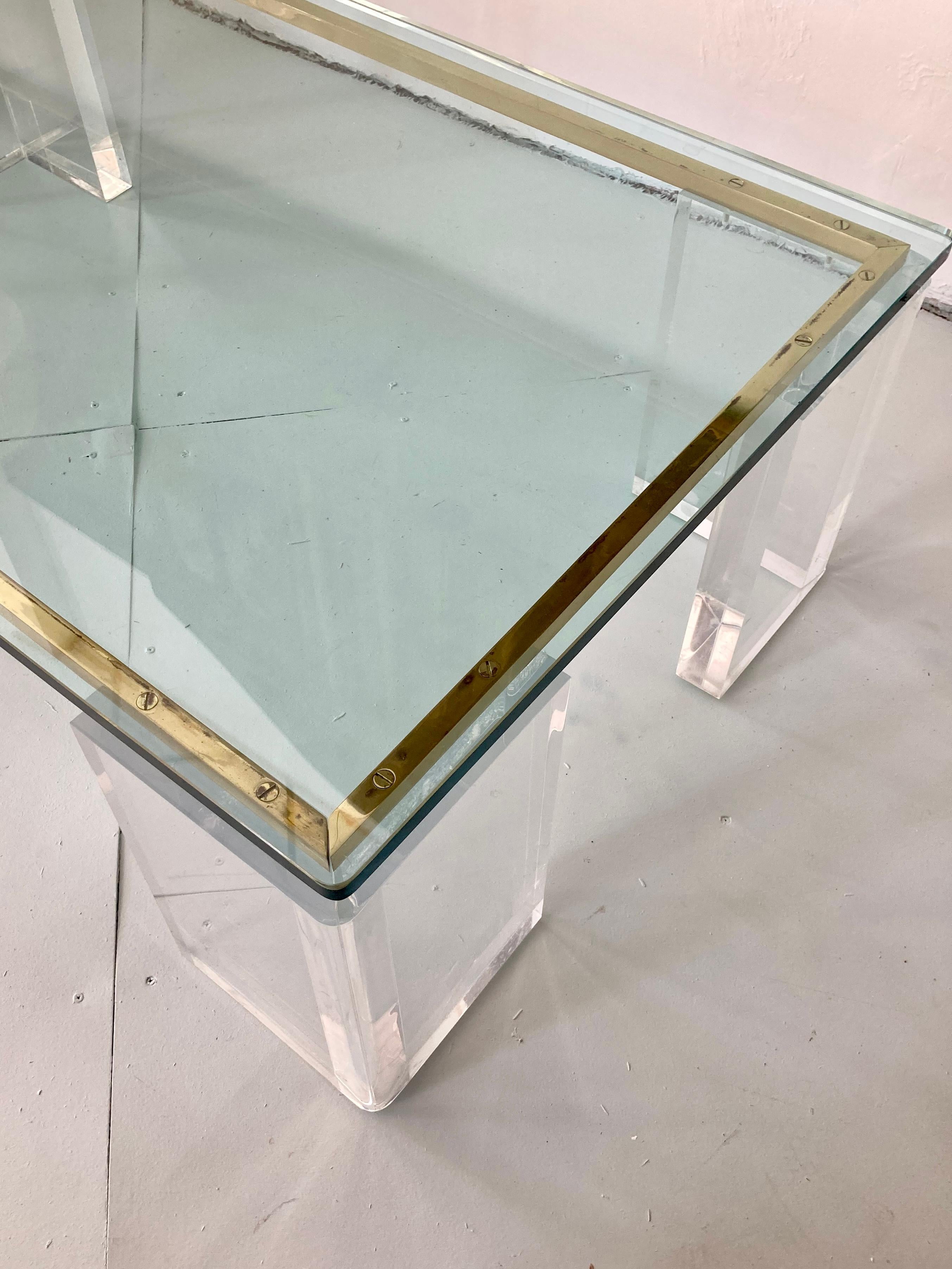 Charles Hollis Jones Style Lucite Coffee Table With Brass Details For Sale 4