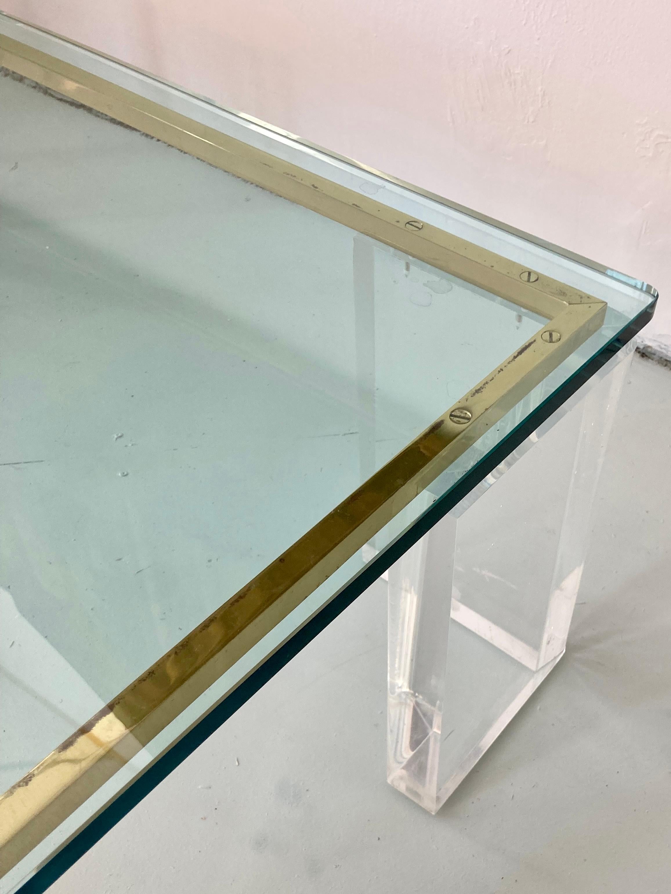Charles Hollis Jones Style Lucite Coffee Table With Brass Details For Sale 5