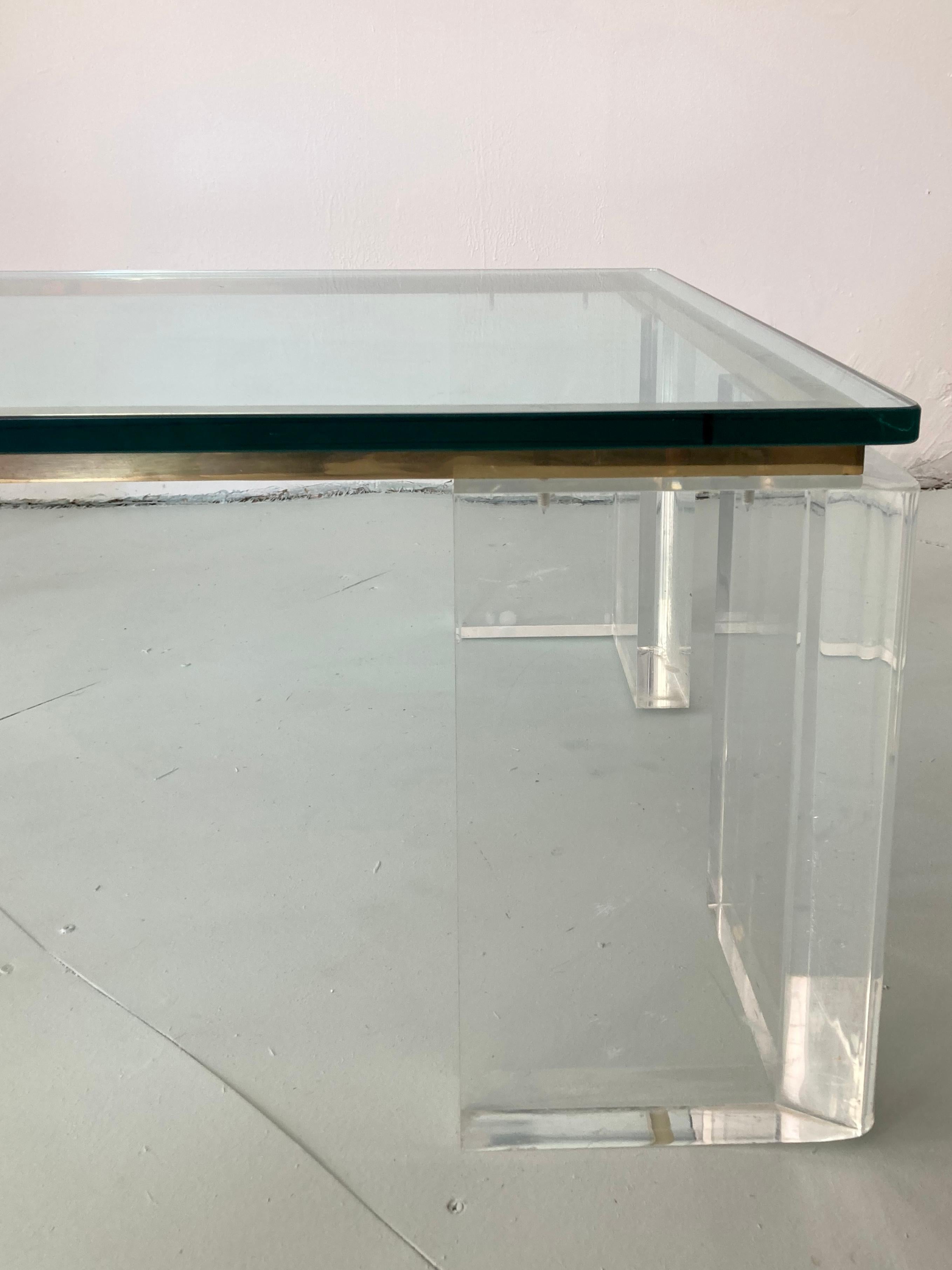 Charles Hollis Jones Style Lucite Coffee Table With Brass Details For Sale 6