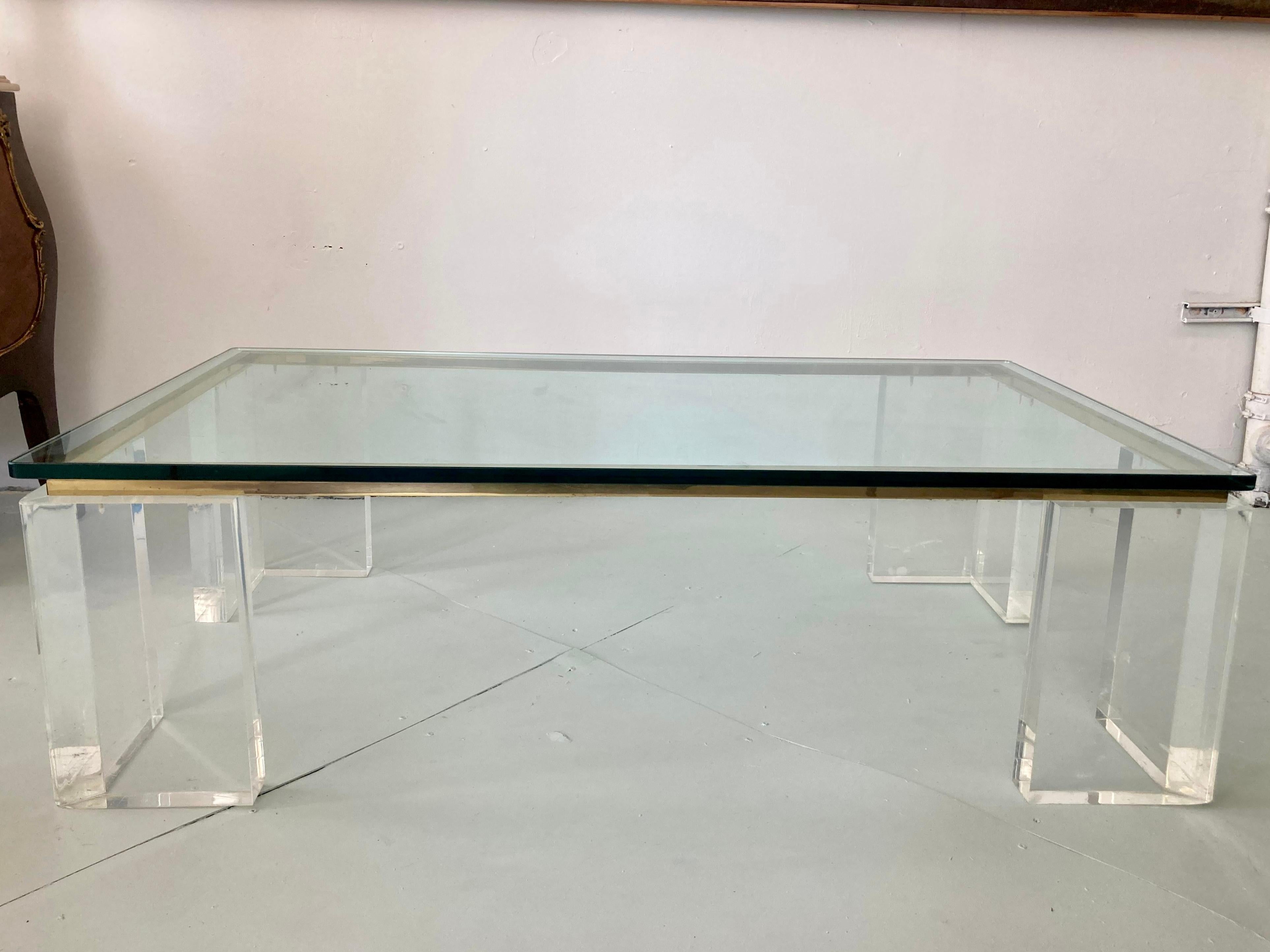 Modern Charles Hollis Jones Style Lucite Coffee Table With Brass Details For Sale