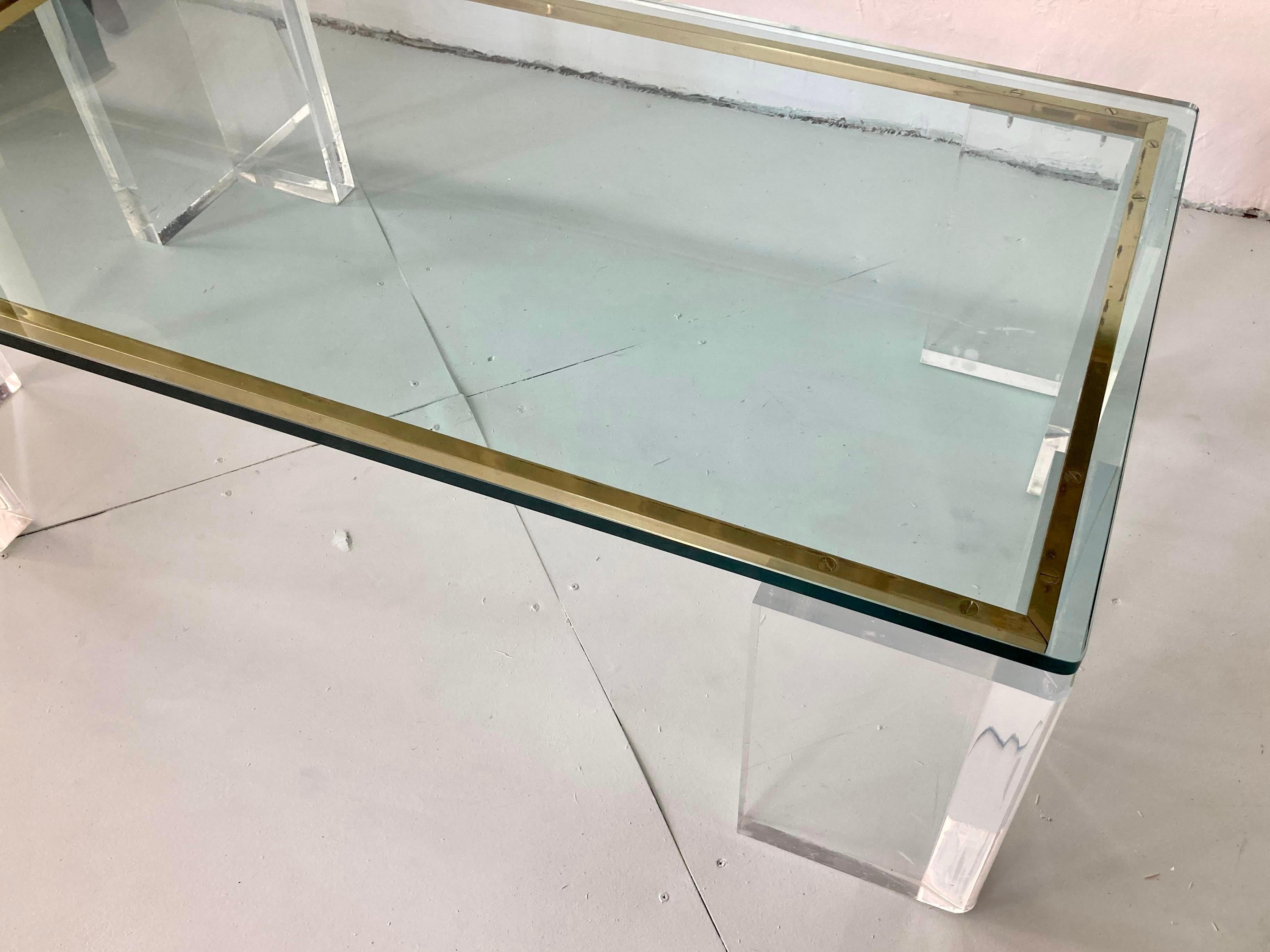 Charles Hollis Jones Style Lucite Coffee Table With Brass Details For Sale 3