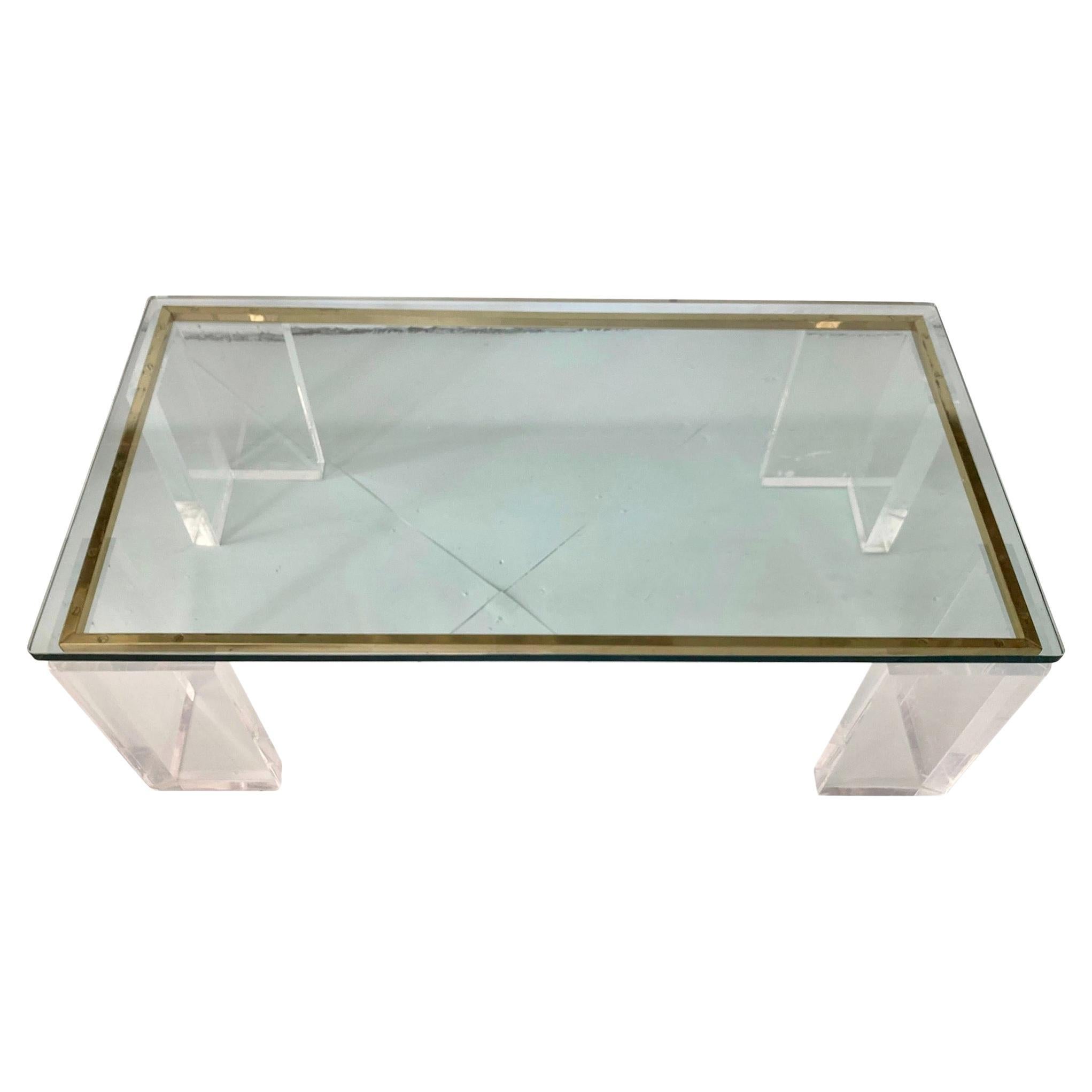 Charles Hollis Jones Style Lucite Coffee Table With Brass Details
