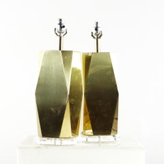Charles Hollis Jones Style Midcentury Brass and Lucite Table Lamps, Pair